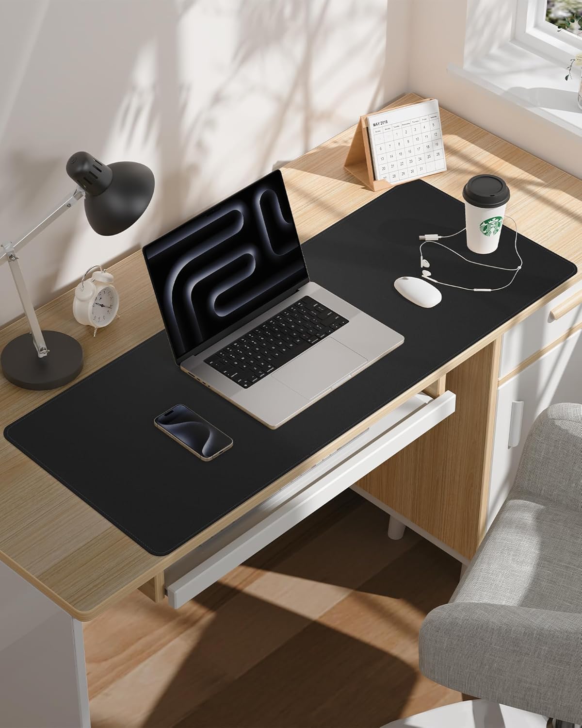 Leather Desk Pad Protector Large Mouse Pad, Stitch Locked Edge Non-Slip PU Leather Desk Mat Laptop Desk Pad Blotter, Waterproof Durable Writing Pad for Office and Home (Black, 120 x 43cm)