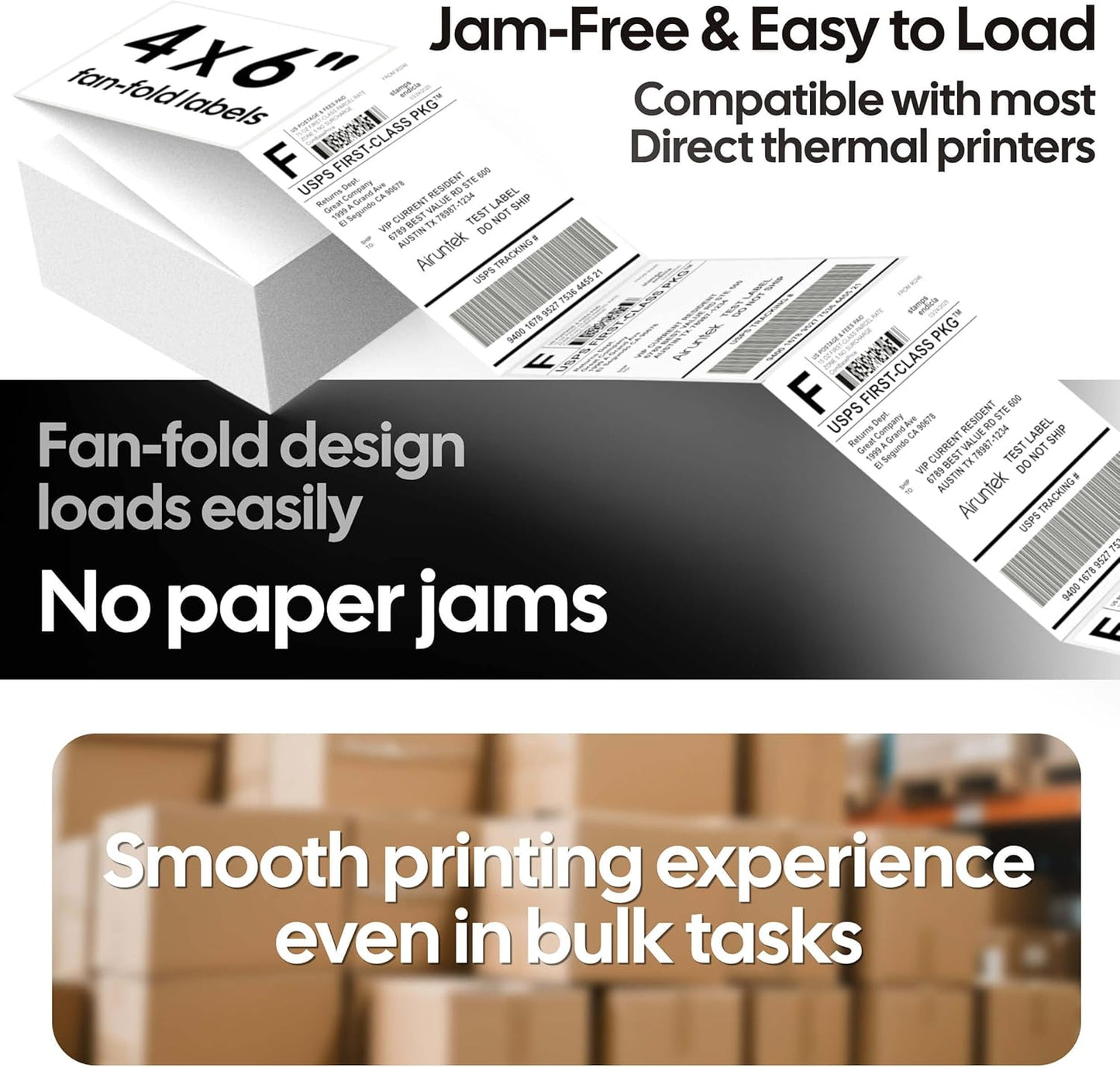 4x6 Thermal Labels, 500 Fanfold Labels, Perforated & Strong Adhesive, Compatible with Direct Thermal Printers for USPS UPS FedEx DHL Address Shipping Label