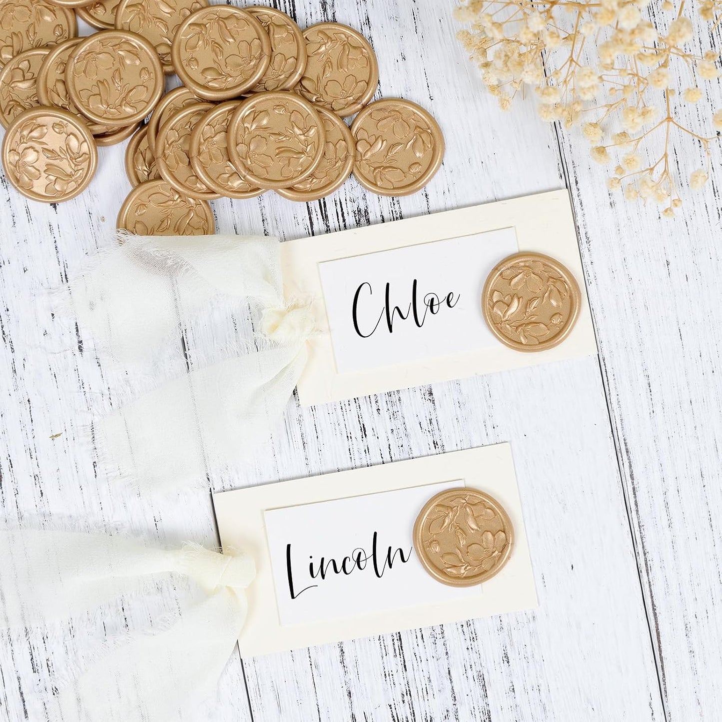UNIQOOO Wax Seal Stickers - 3D Magnolia Wedding Invitation Envelope Botanical Seal Stickers, 100 Pcs Self-Adhesive Light Gold Stickers, Perfect for Invitations, Christmas, Gift Wrapping, Parties
