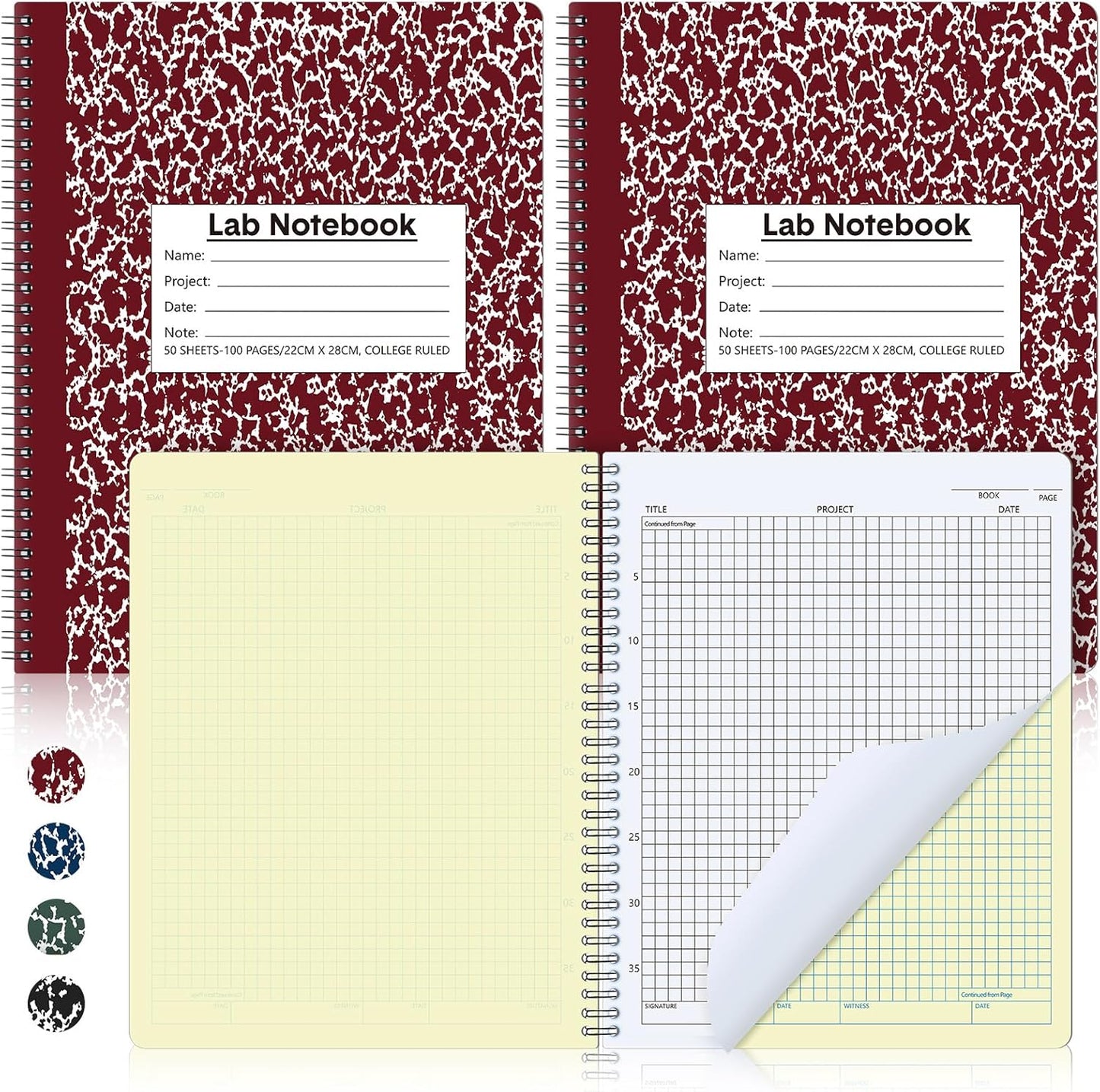 2 Pack Carbonless Lab Notebook Carbon Copy 8.5'' x 11'' Laboratory Engineering Chemistry Computation Notebook Science Grid Contains 50 Set Pages 100 Sheets Total Coil Binding(Wine Red)
