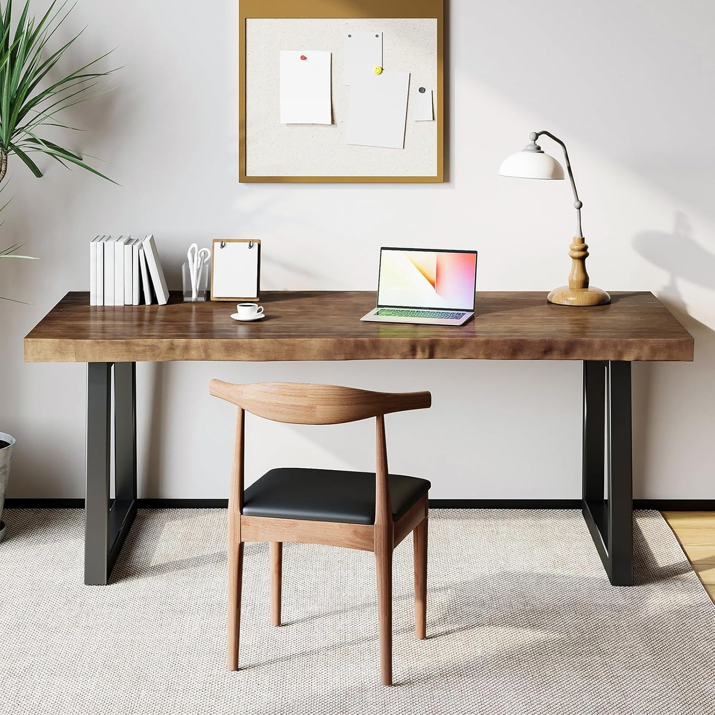 Solid Wood Desk 55 inches, Home Office Computer Desk Wooden Rustic Writing Desk Metal Modern Simple Design Executive Real Wood Desk (Brown)