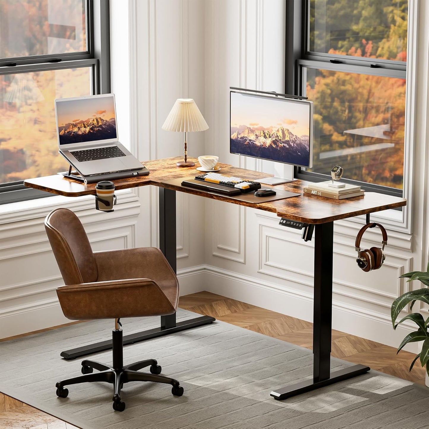 51" Reversiable L-Shaped Electric Standing Desk Adjustable Height Gaming Stand Up Corner Desk Sit Stand Home Office Computer Desk with Splice Board,Black Carbon Top