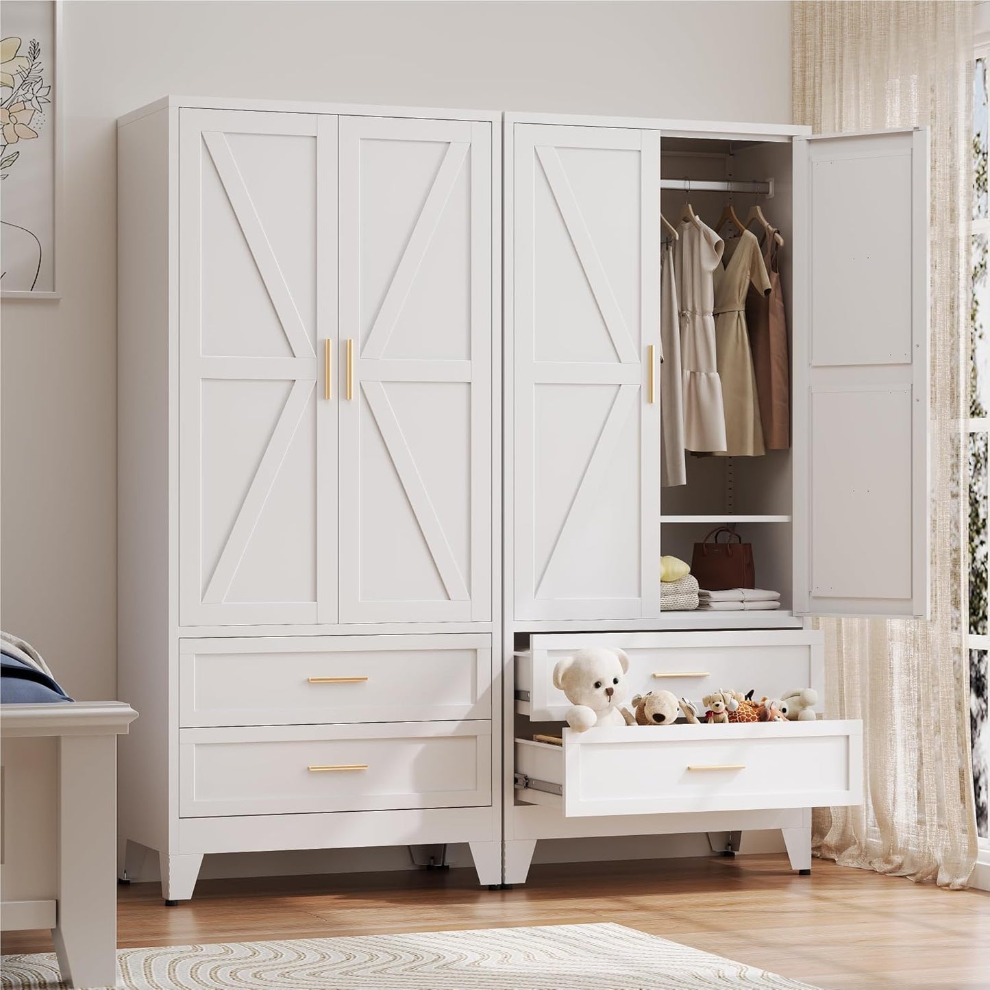 Metal Wardrobe Cabinet with Hanging Rod,71" Armoire Wardrobe Closet with 2 Drawers,Farmhouse Metal Clothing Storage Cabinets with Door and Adjustable Shelves for Bedroom,Laundry Room(White)