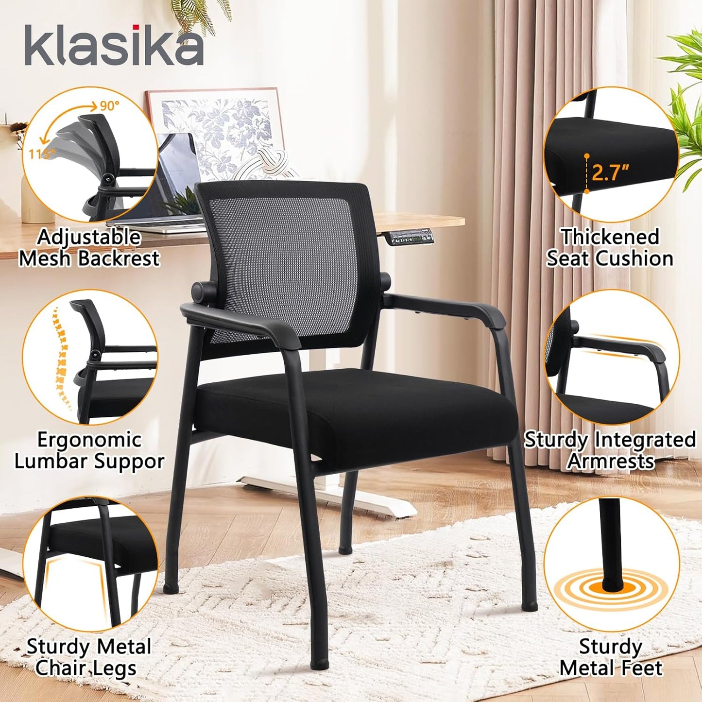 Desk Chair No Wheels with Adjustable Mesh Backrest, Arm Chair with Ergonomic Lumbar Support and Thickened Seats Cushion, Waiting Room Chairs for Office School Church Guest Reception, 2PACK
