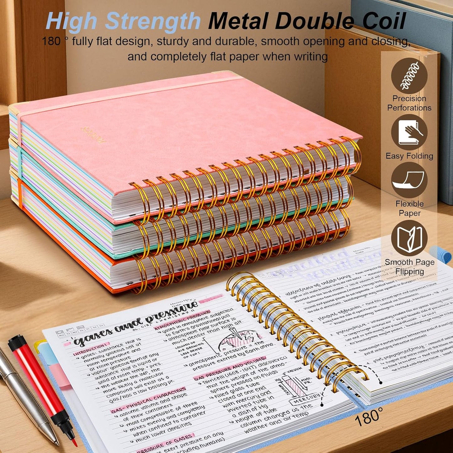Hardcover Spiral Notebook 8"x10" Journal Notebook with Tabs and Removable Dividers 300 Pages 5 Subject Notebook College Ruled, Faux Leather Spiral Bound Notebook for Women, Students, School Work (Lake Blue)
