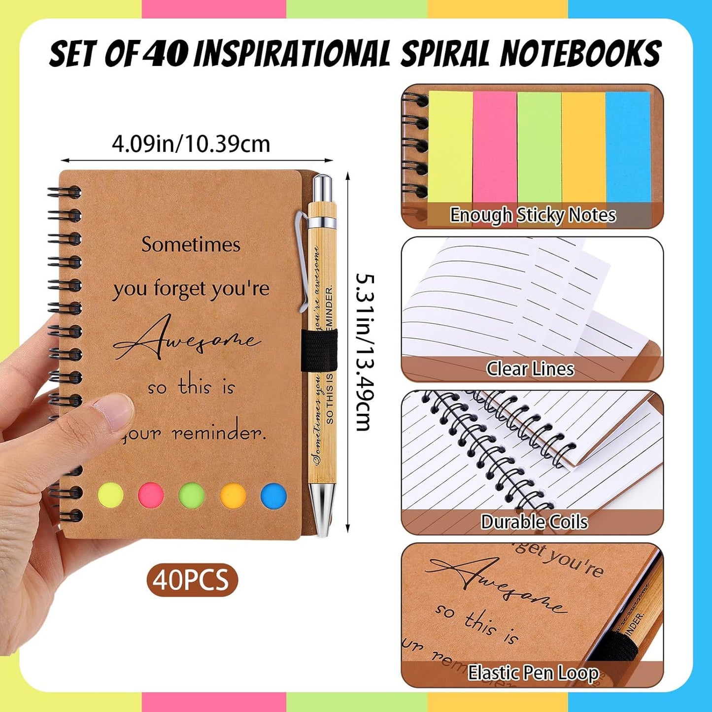 40 Sets Employee Appreciation Gifts Inspirational Spiral Notebooks with Sticky Notes Notepads Thank You Bamboo Ballpoint Pens Bulk for Coworker Nurse Teacher (SOMETIMES)