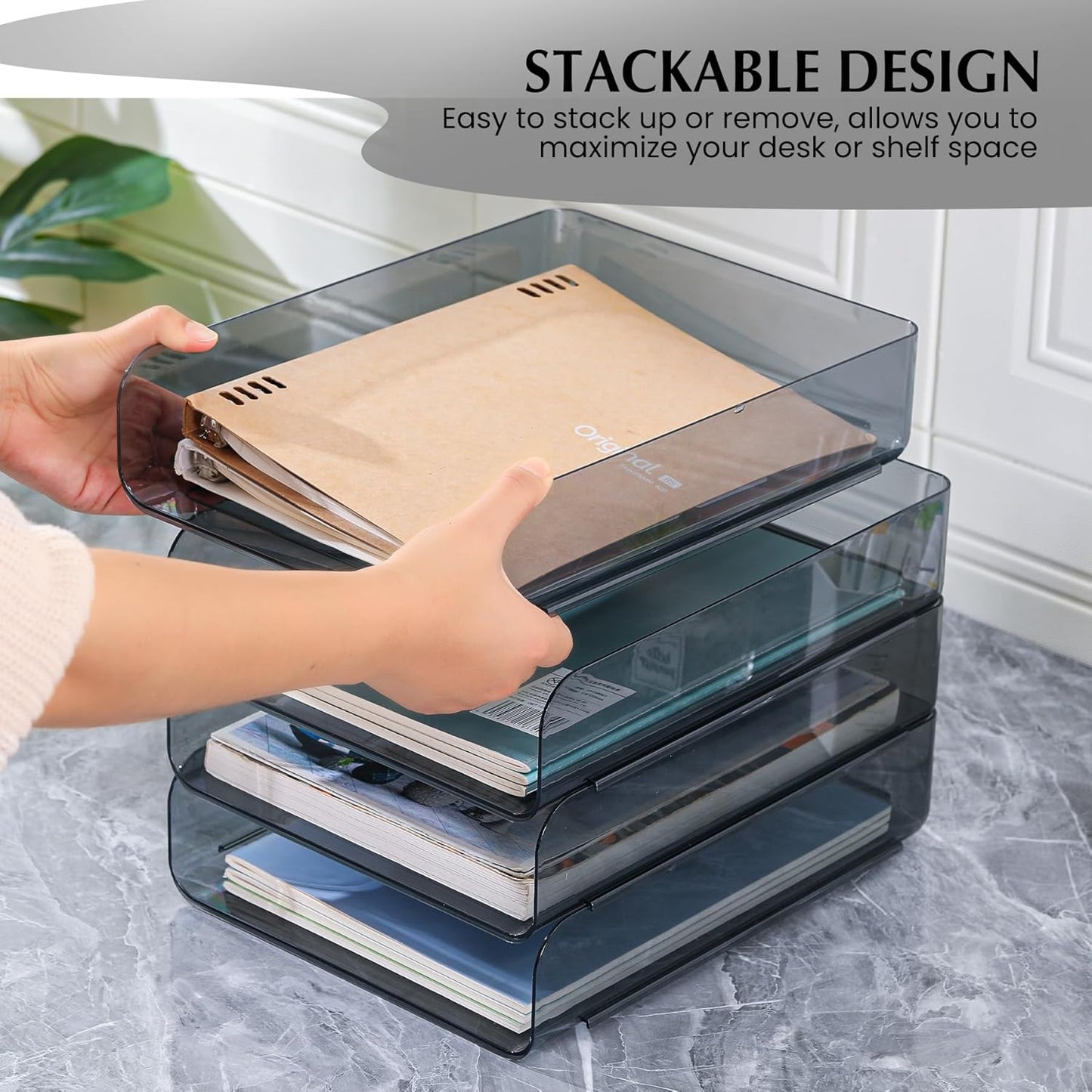 2 Pack Stackable Paper Tray Organizer, Clear File Organizer for Desk, Office Organizer and Storage for Desk Accessories, Notes, Books, File Paper, Document, Black