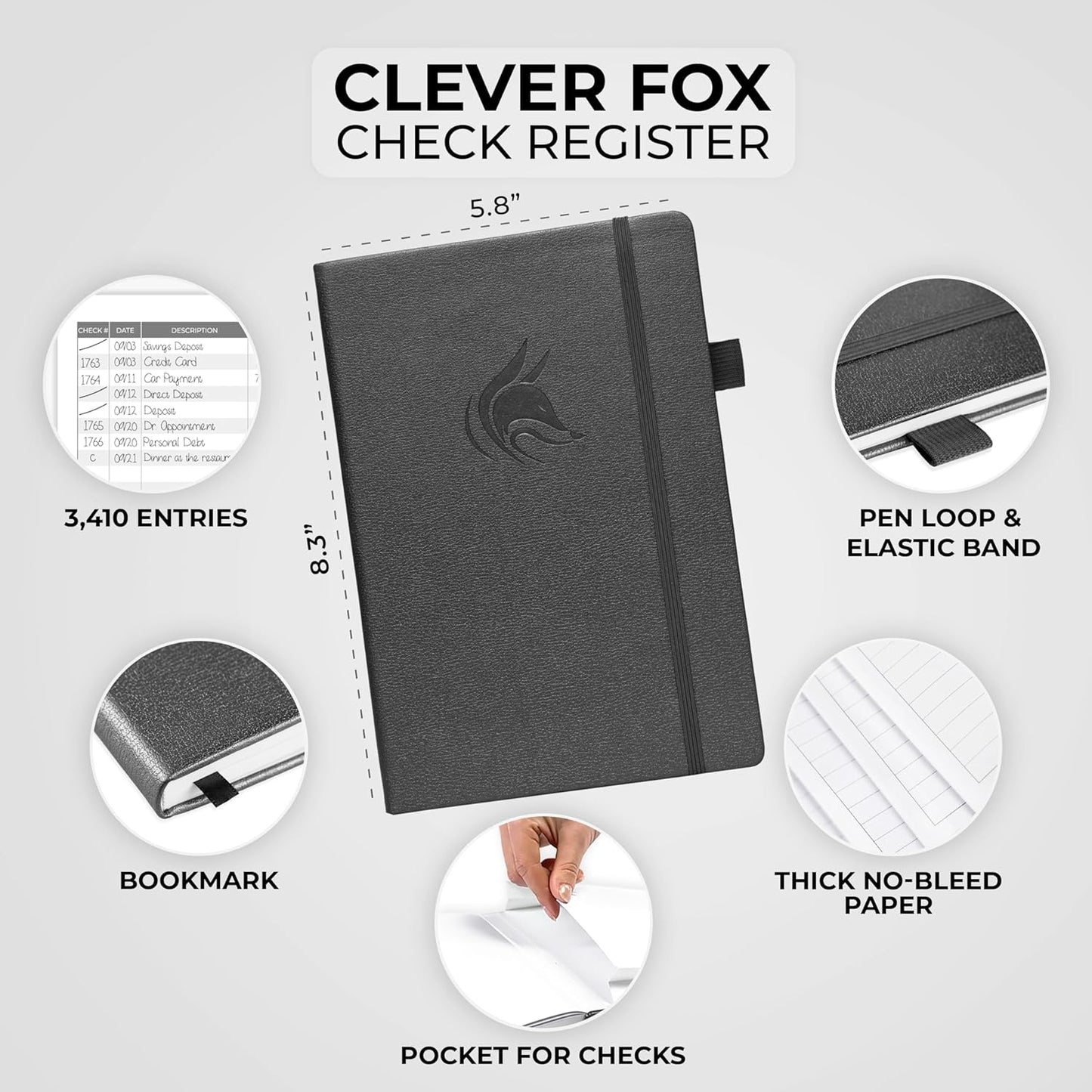Clever Fox Check Register Book - Deluxe Transaction Register, Accounting Ledger Book, Checkbook Register & Checking Account Register Book for Personal and Work Use, A5 Hardcover - Mystic Gray