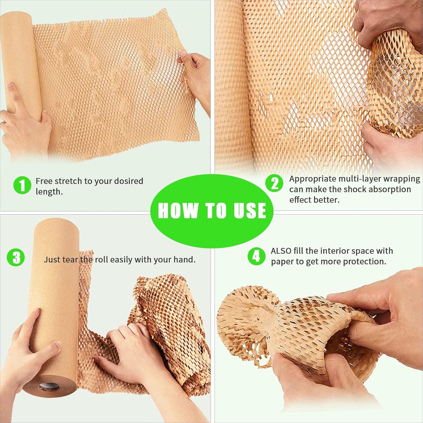 Honeycomb Packing Paper, MINHAO 15"x100' Eco Friendly Packing Paper for Moving Recyclable Honeycomb Paper Moving Supplies Bubble Paper Wrapping Protective Roll, With 36 Fragile Sticker Labels