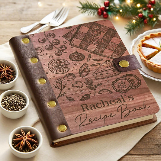 UBJVA Personalized Recipe Book Binder Custom Engraved Recipe Book to Write in Your Own Recipes Wooden Family Cookbook Journal Gift for Christmas Birthday