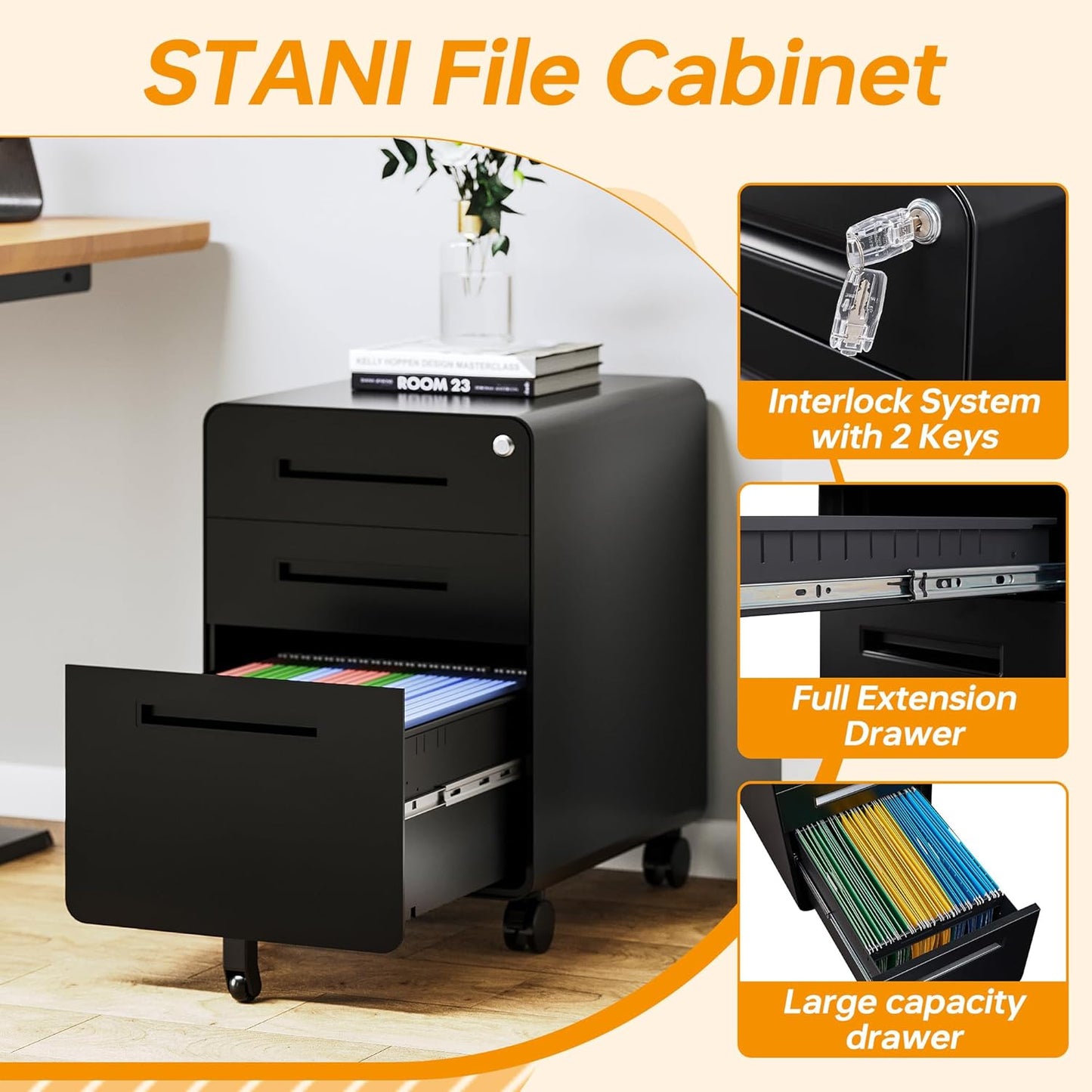 STANI 3 Drawer Filing Cabinet, Metal Filing Cabinet Legal/Letter Size with Lock, Mobile Storage Cabinet for Home and Office, Fully Assembled Except Wheels