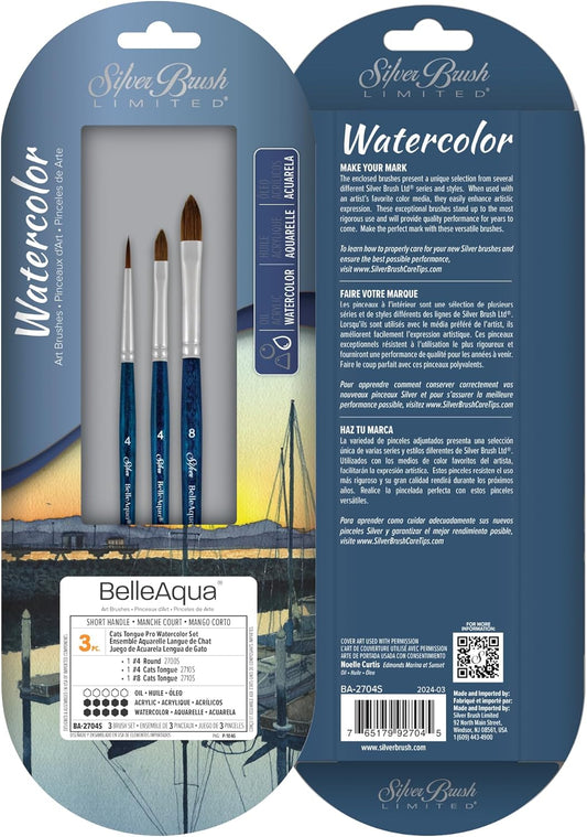 Silver Brush Limited BA-2704S BelleAqua Cats Tongue Pro Watercolor Brush Set, 3pc Professional Soft Synthetic Red Sable Short Handle Size 4 & 8 Cats Tongue, and a Size 4 Round Paint Brush