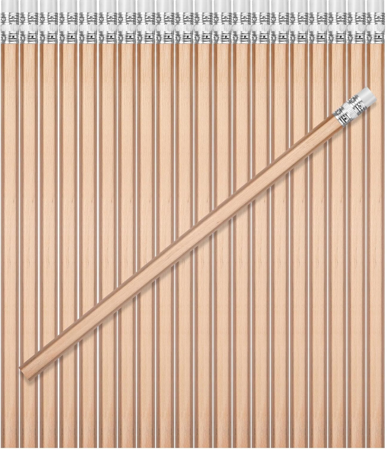 TecUnite 60 Pcs HB Pencils #2 Unsharpened Wood Cased Pencils with Eraser Hexagonal Pencil Cute Graphite No 2 Pen for Adults Gifts Exam School Office Sketching Learning (Wood Color, Silver)