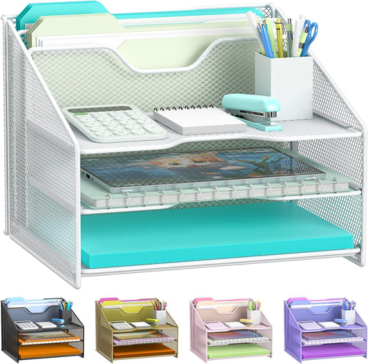 samstar White Desk File Organizer, Mesh Letter File Folder Holder with 3 Paper Trays and 2 Vertical Upright Section, for Office Supplies, Desk Accessories & Workspace, White
