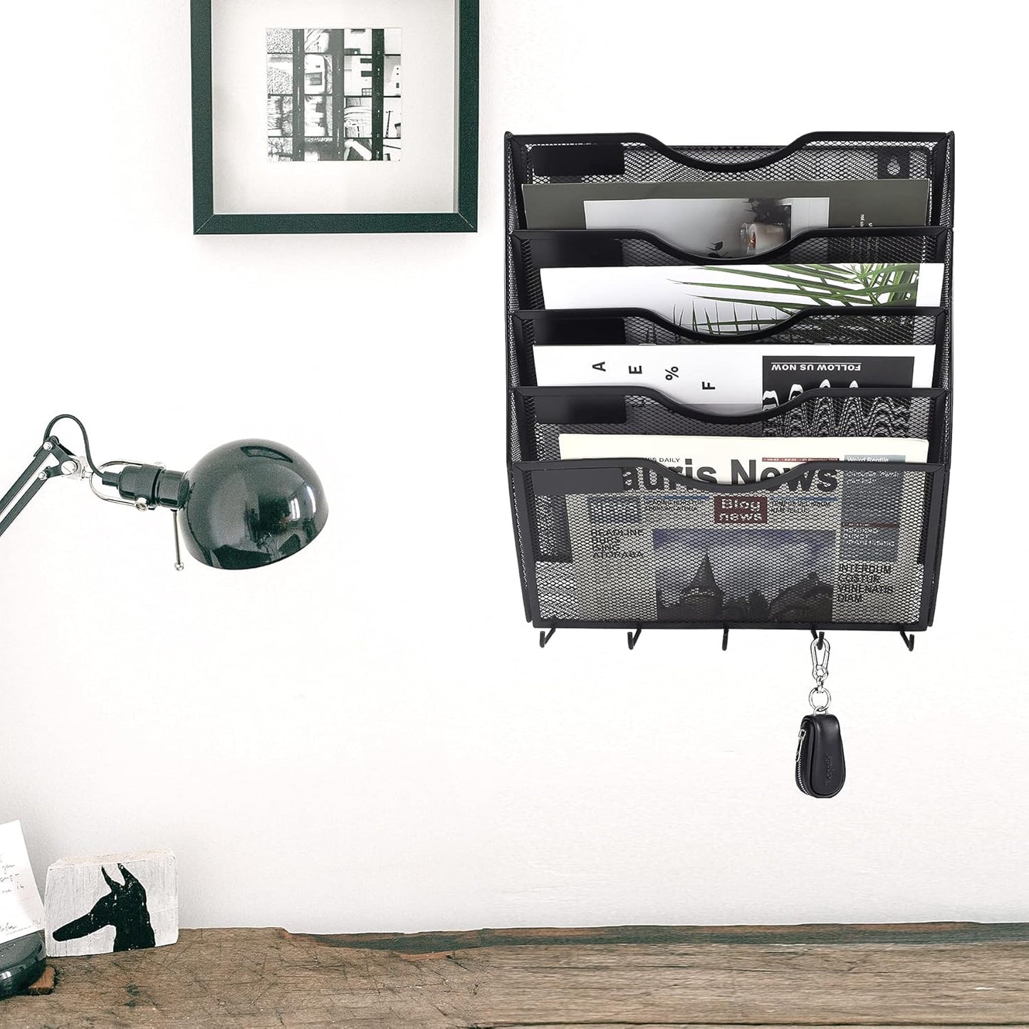 EASEPRES 5 Pocket Mesh Hanging File Organizer with Key Holder Hooks & Nametag Label, Wall Mounted Mail Paper Document Folder Storage Organization Magazine Rack for Office Cubicle, 5 Tier Black