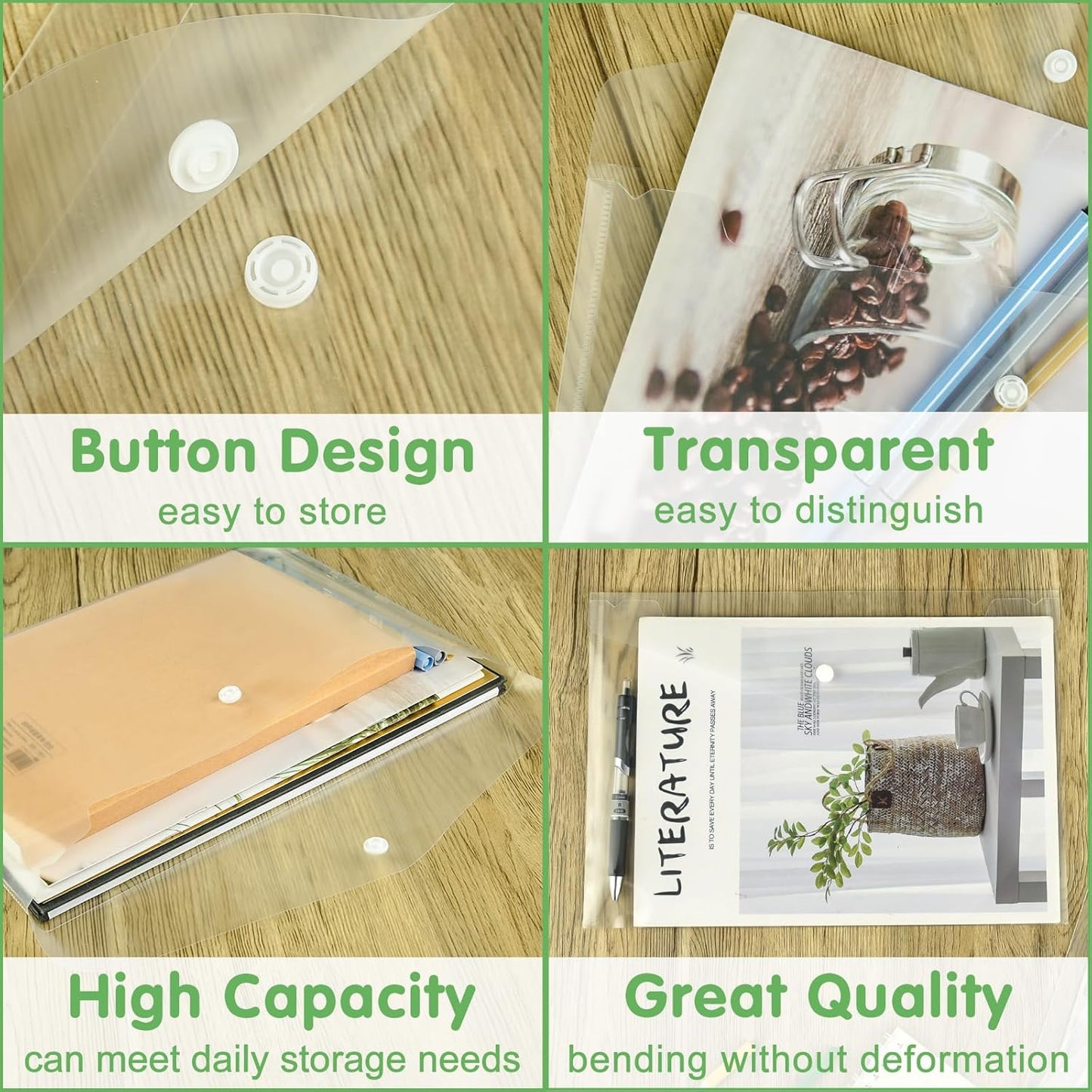 NACHLYNN 48pcs Plastic Envelopes Poly Envelopes with Snap Closure A4 Size Clear Document File Folders Organizers Clear Envelope for School Office Supplies