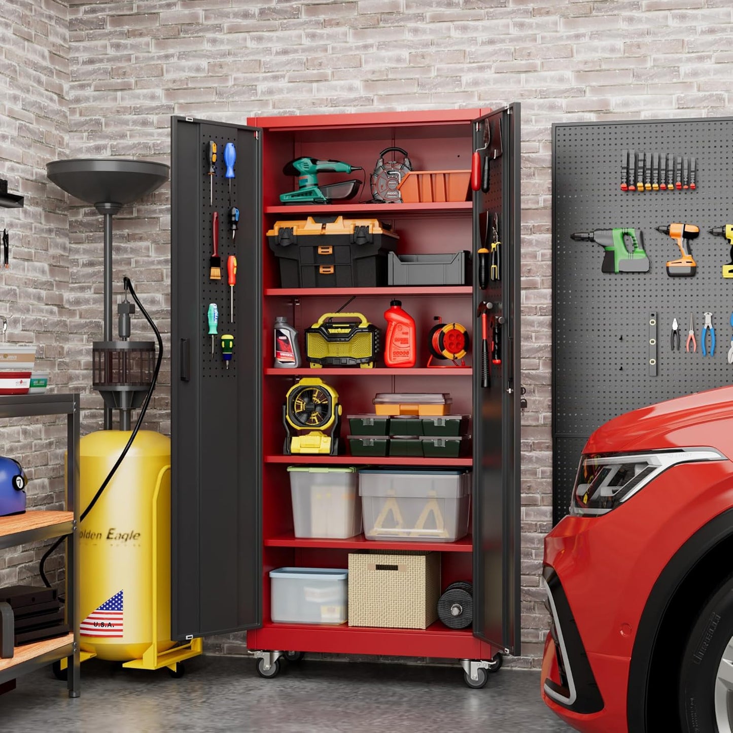 Aobabo Upgraded Garage Storage Cabinets with Wheels,Metal Storage Cabinets with 5 Adjustable Shelves for Garage Home Office Storage, Red-Black,71''H*32''W*16''D,Assembly Required