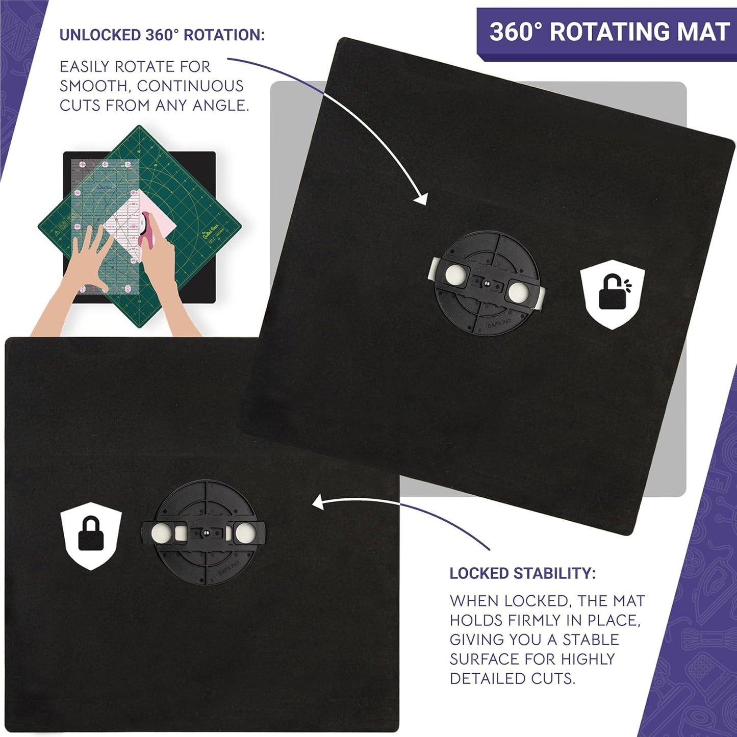 The Quilted Bear Rotating Cutting Mat 7" x 7" - Locking & Rotating Self Healing Cutting Board for Sewing, Fabric & Effortless Quilting - 360 Degree Sewing Supplies Mat for Craft Table (Blue)