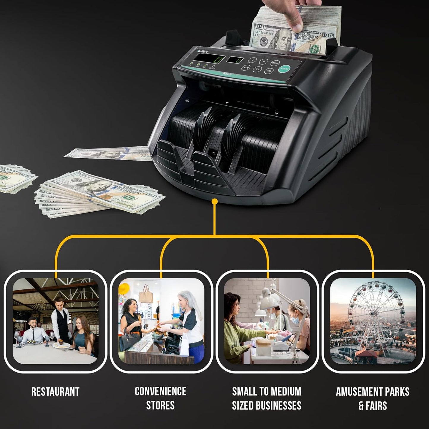 KOLIBRI Money Counter Machine, Rook with UV/MG/IR Counterfeit Detection – Count, Add & Batch Modes, 1,400 Notes per Minute - US Dollar Cash Counter with Dual LED Display (1-Year USA Warranty)