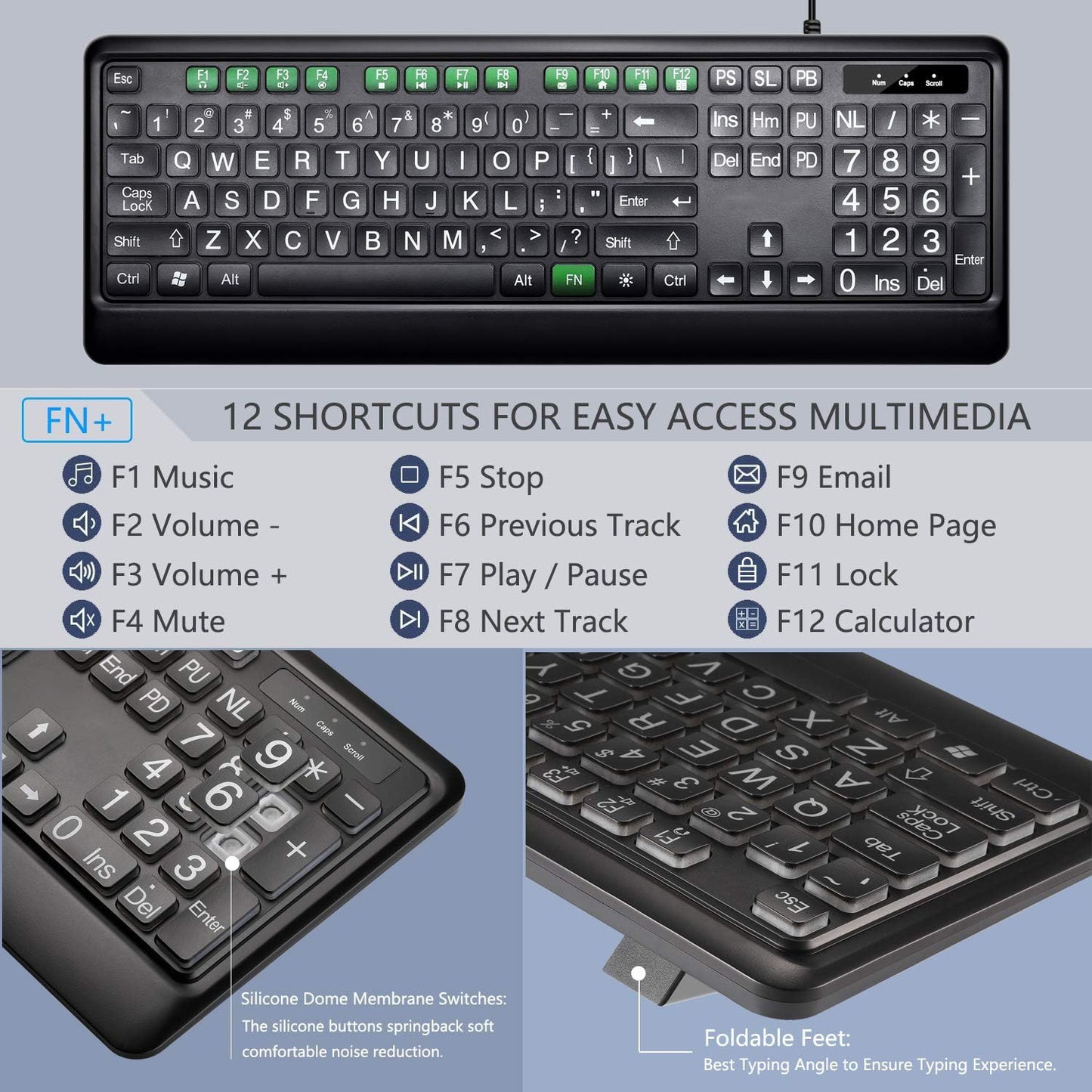 Large Print Backlit Keyboard, USB Wired Computer Keyboard, Full Size Keyboard with White Illuminated LED Compatible for Windows Desktop, Laptop, PC, Gaming, Black