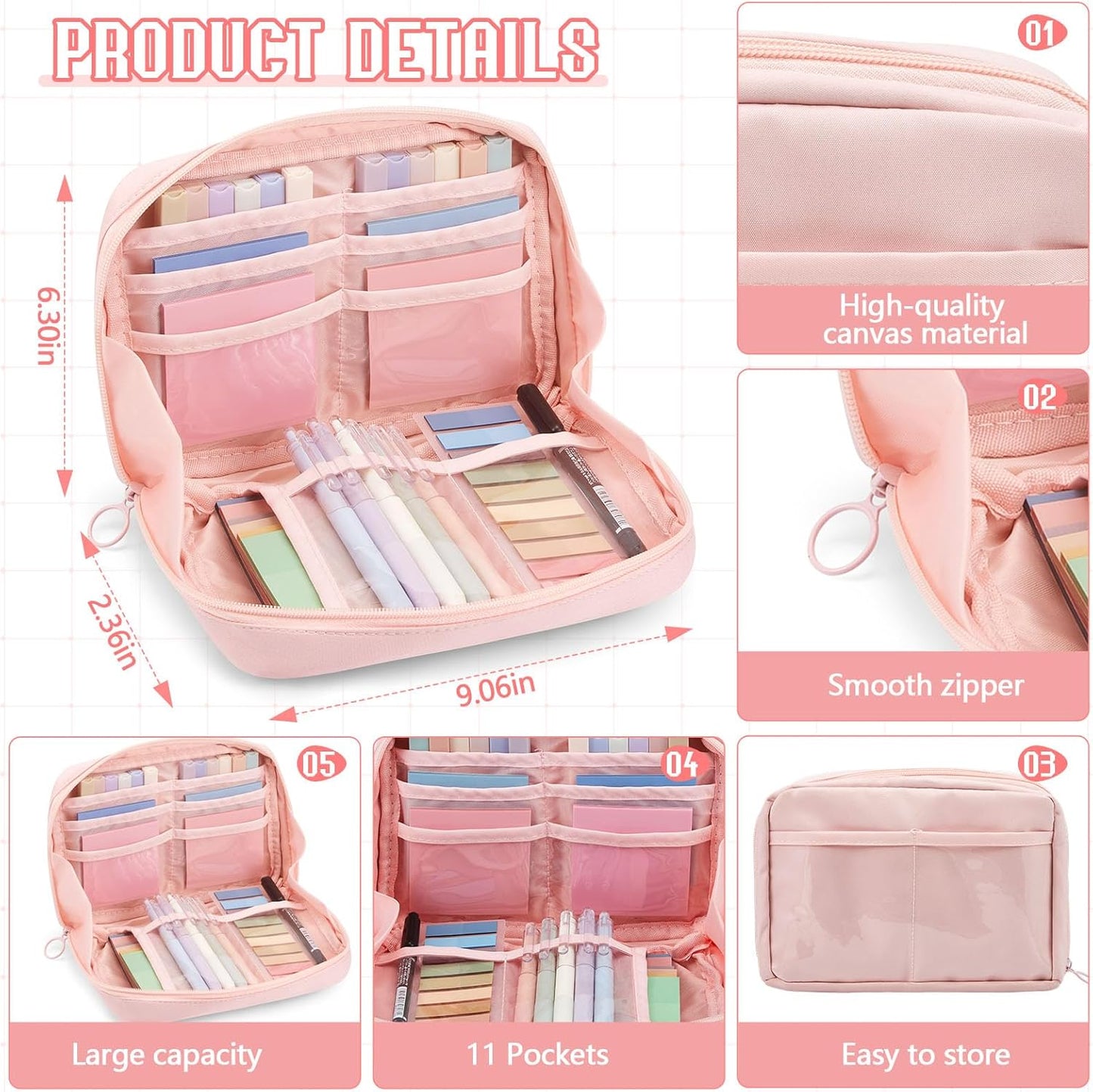 Jutom 39 Pcs Aesthetic Book Annotation Kit Highlighter with Pencil Case Bag Gel Pen Transparent Sticky Note Taking Bible Study College School Supplies(Pink,Kawaii Style)