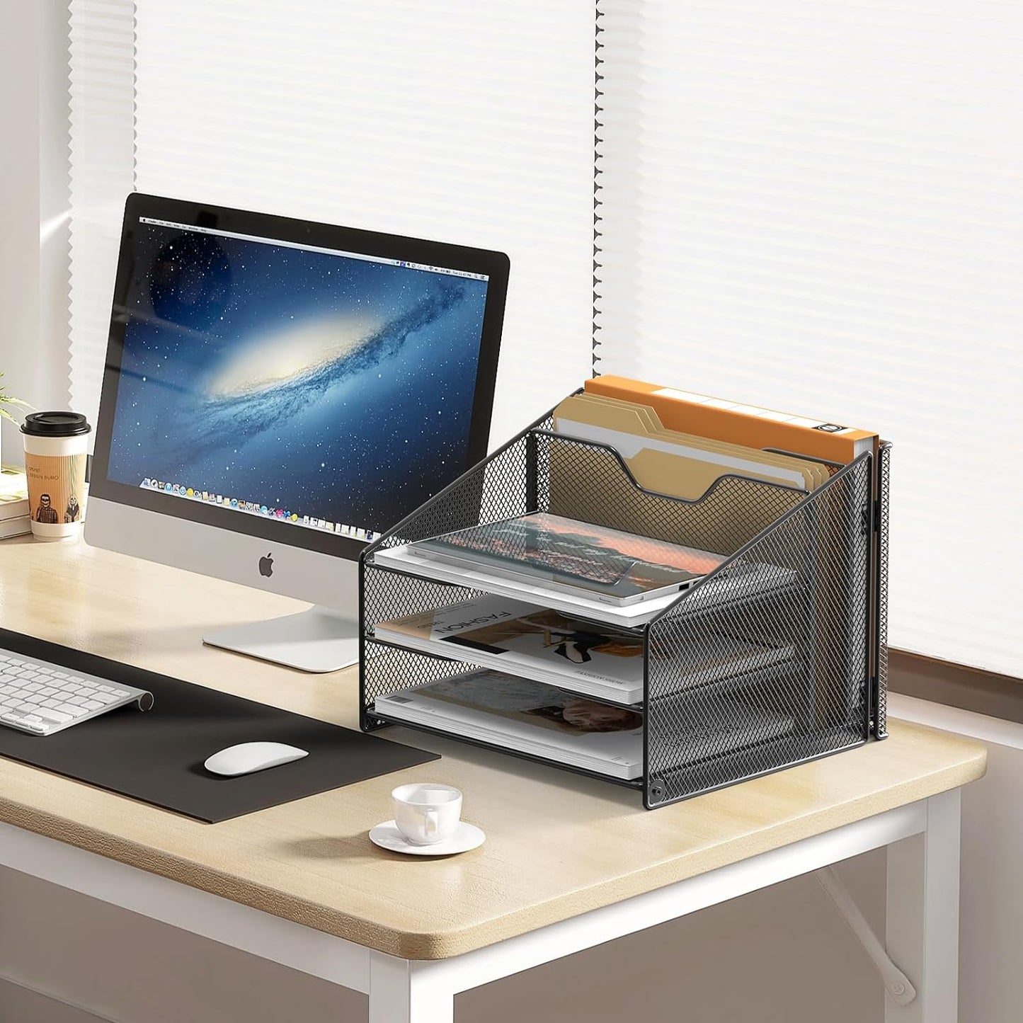 Samstar Desk File Organizer, Mesh Letter File Folder Holder with 3 Paper Trays and 2 Vertical Upright Section, for Office Supplies,Desk Accessories & Workspace,Black.