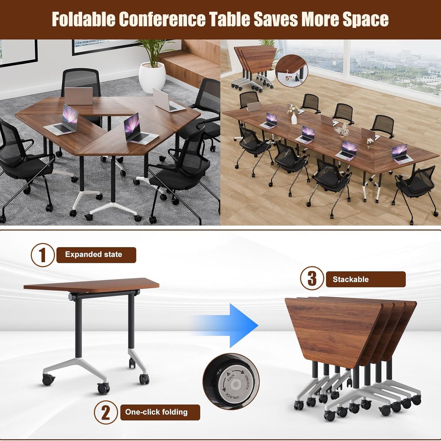 Conference Table, Folding Conference Desk Modern White, Seminar Table with Wheels, 2-10 People for Office, Meeting Break Room (4, 1915TXH, 47IN)