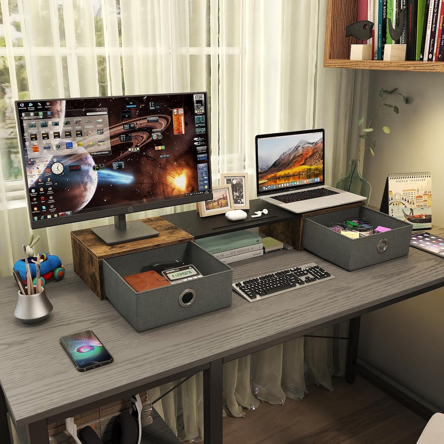 WESTREE Dual Monitor Stand Riser with Two Drawers, Extra Large Storage for 2 Monitors, Desktop Oraganizer Computer,Laptop,Screen,Printer,TV