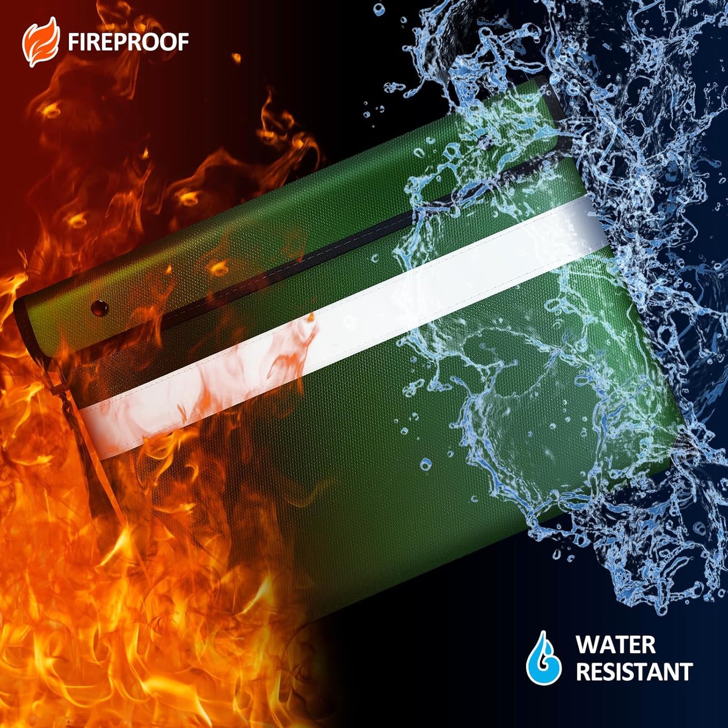 Fireproof Document Bag with Water Resistant Zipper（13.9"x10.6"）,6200°F Heat Insulated Fire Proof Pouch with Soft Leather Hand Strap,Fire and Waterproof Envelope for Cash,Documents,Jewelry(Green)
