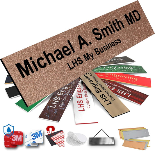 Engraved Name Plates for Door Sign Personalized Textured Copper Plastic Plaque with Black Letters - Made in USA 2x4 M2