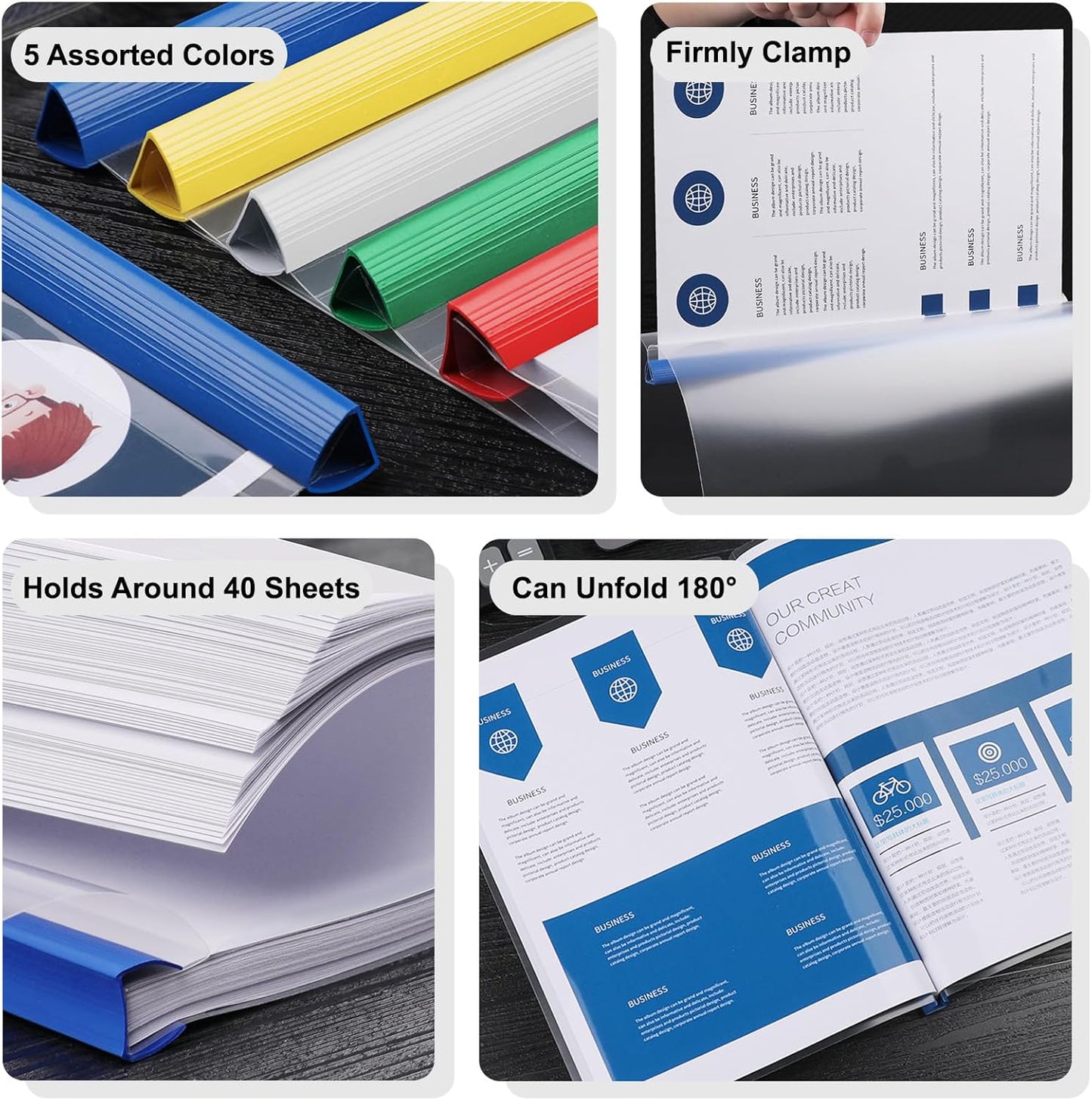 JOERSH 40Pcs Clear Report Covers with Sliding Bar, 40 Sheet Capacity Plastic Binder Paper Protector, Report Folders with Clear Cover for Resume File Documents, 5 Colors