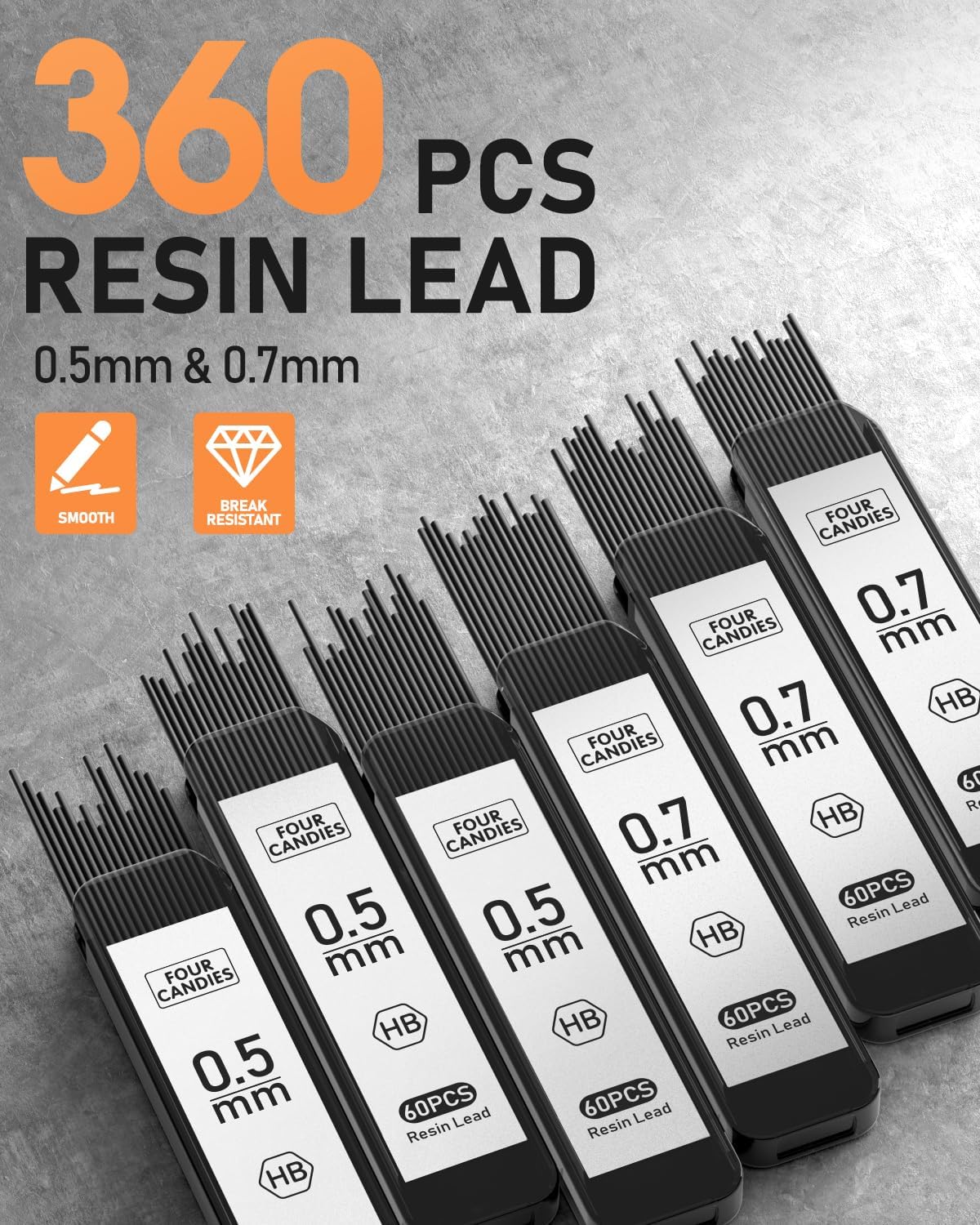 Four Candies 2PCS Metal Mechanical Pencils Set with Case, 0.5mm & 0.7 mm Artist Pencil with 6 Tubes (360PCS) HB Lead Refills, 3 Erasers,9 Eraser Refills For Writing Drafting, Drawing, Black&Silver