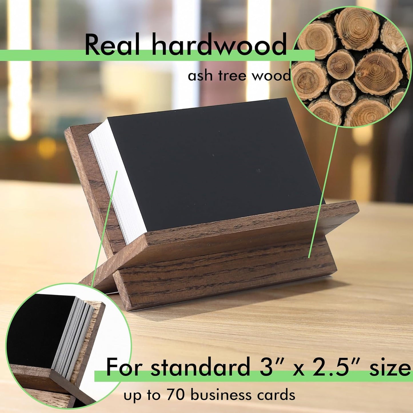 Set of 3 Business Card Holders for Desk - Brown Wood Small Cards Holder, Professional Desktop Business Card Stand Display, Wooden Name Card Holder