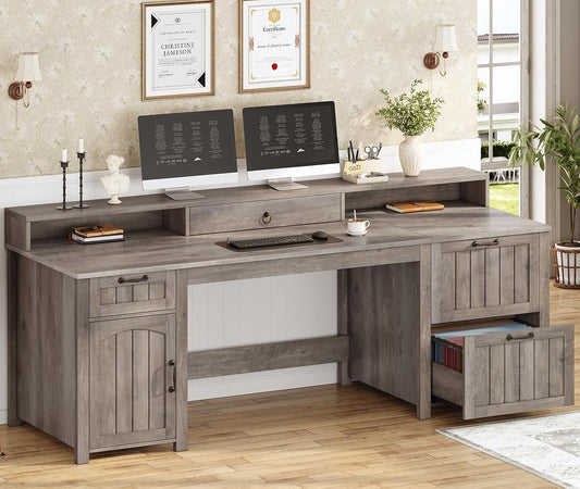SEDETA Farmhouse 63" Executive Desk, Wood Computer Desk with Drawers and Storage Cabinet, Home Office Desk with File Drawer and Monitor Stand, Wood Desk for Work Study Writing, Grey