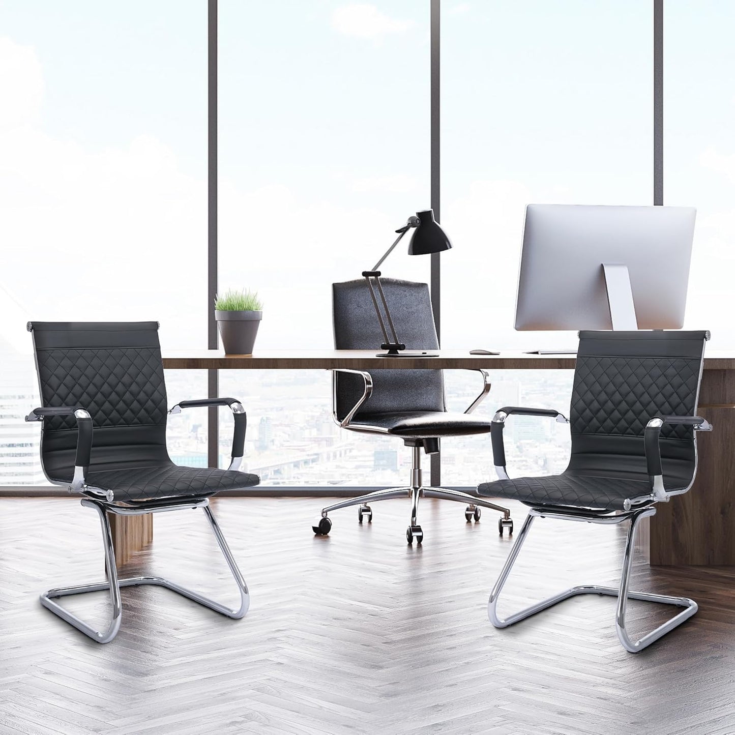 Office Guest & Reception Chairs - Set of 6 Mid-Back Modern PU Leather Desk Chairs, Black
