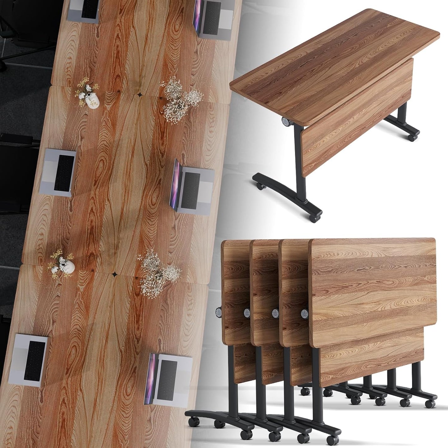 Folding Conference Room Table, Modern Conference Tables with Silent Wheels, Large Rectangular Mobile Training Tables for Office Classroom, Foldable Modular Boardroom Seminar Table (4pack L63in)