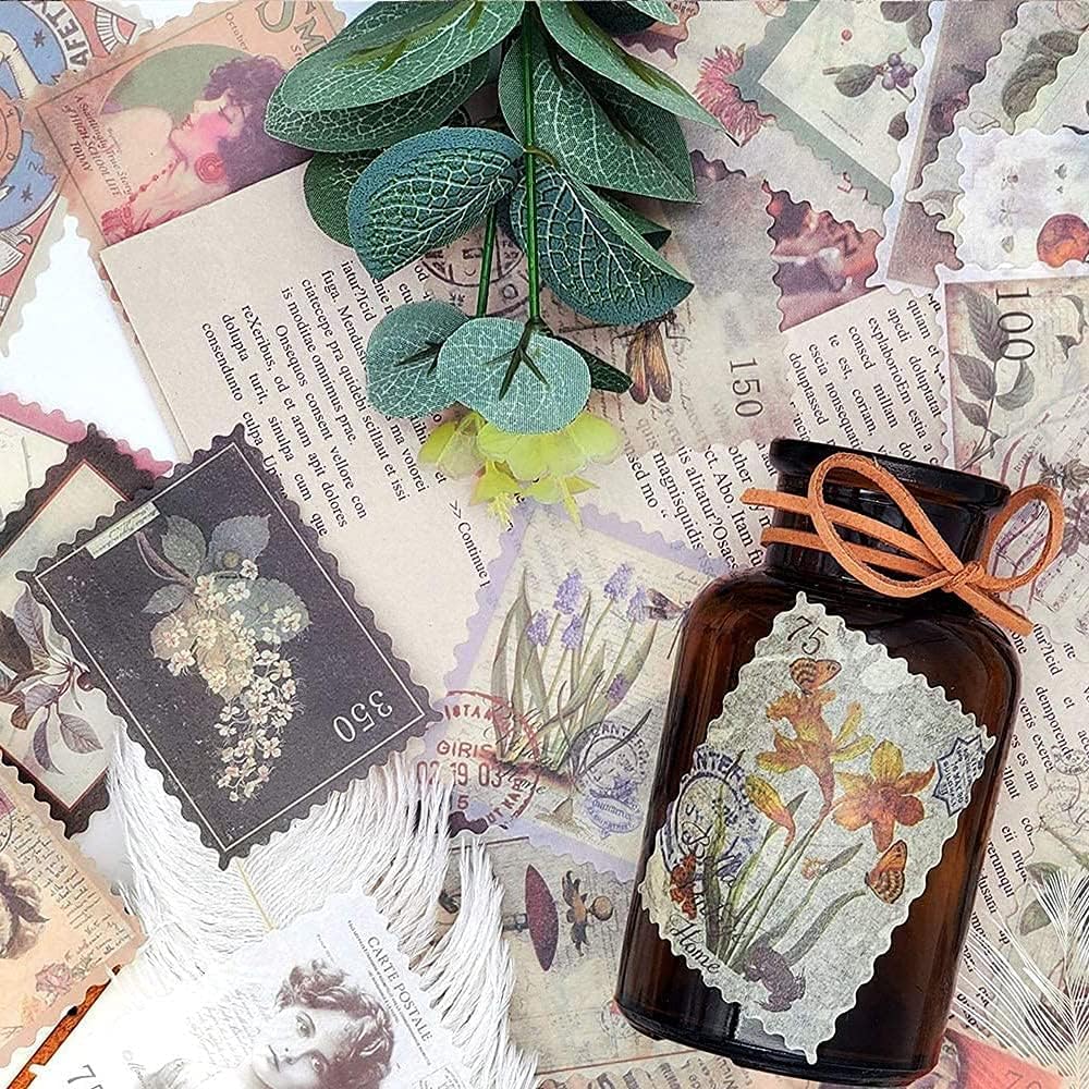 60pcs Vintage Postage Stamp Stickers, Aesthetic Botanical Deco Paper Sticker for Scrapbooking, Journaling Supplies, Planners, Kid DIY Art Crafts, Bullet Journal Ephemera