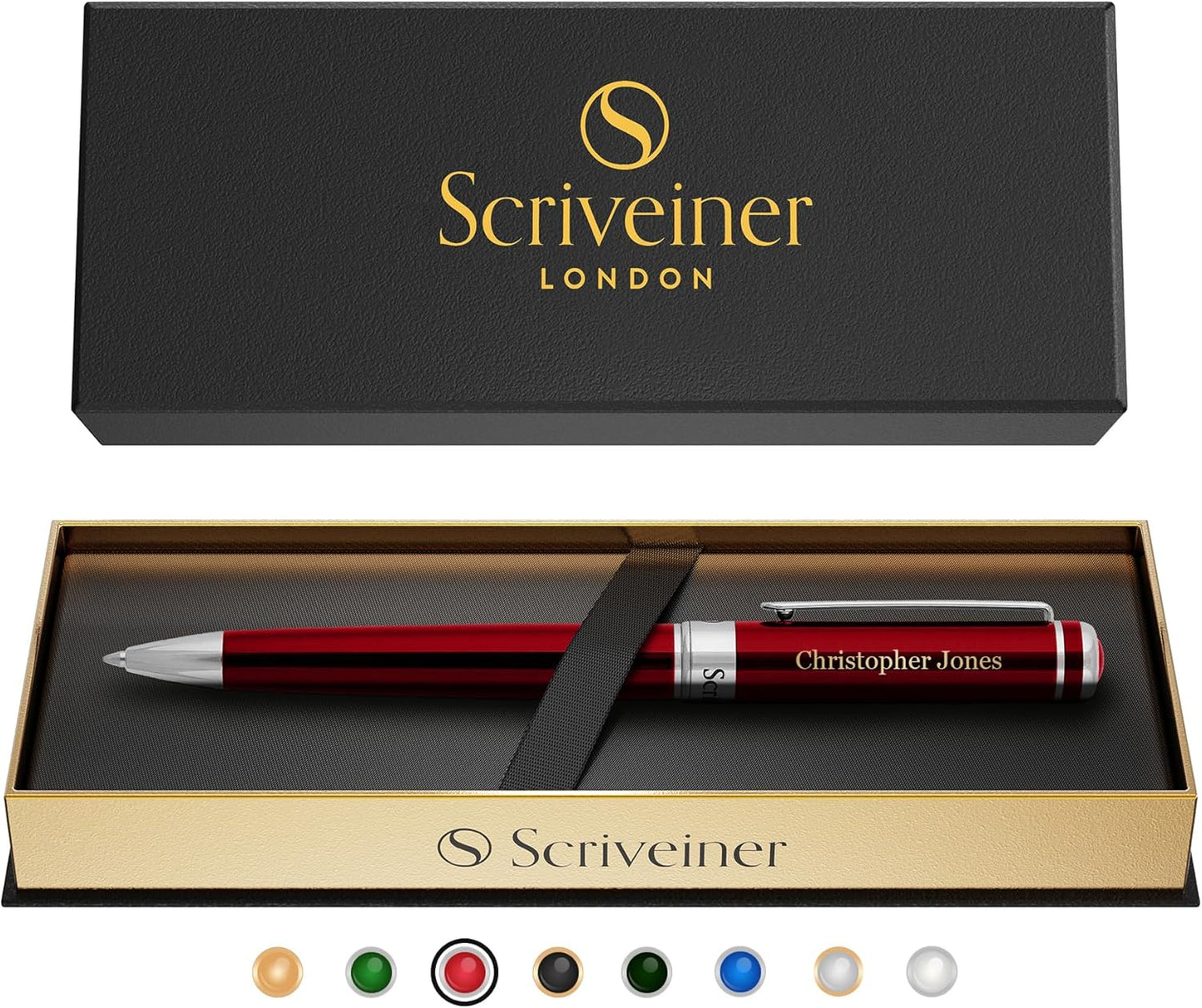 Scriveiner Personalized Deep Crimson Red Pen - Stunning Red Lacquer Luxury Pen with Chrome Finish, Schmidt Ink Refill, Best Engraved Ball Point Gift Set for Men & Women, Custom Name Engraving
