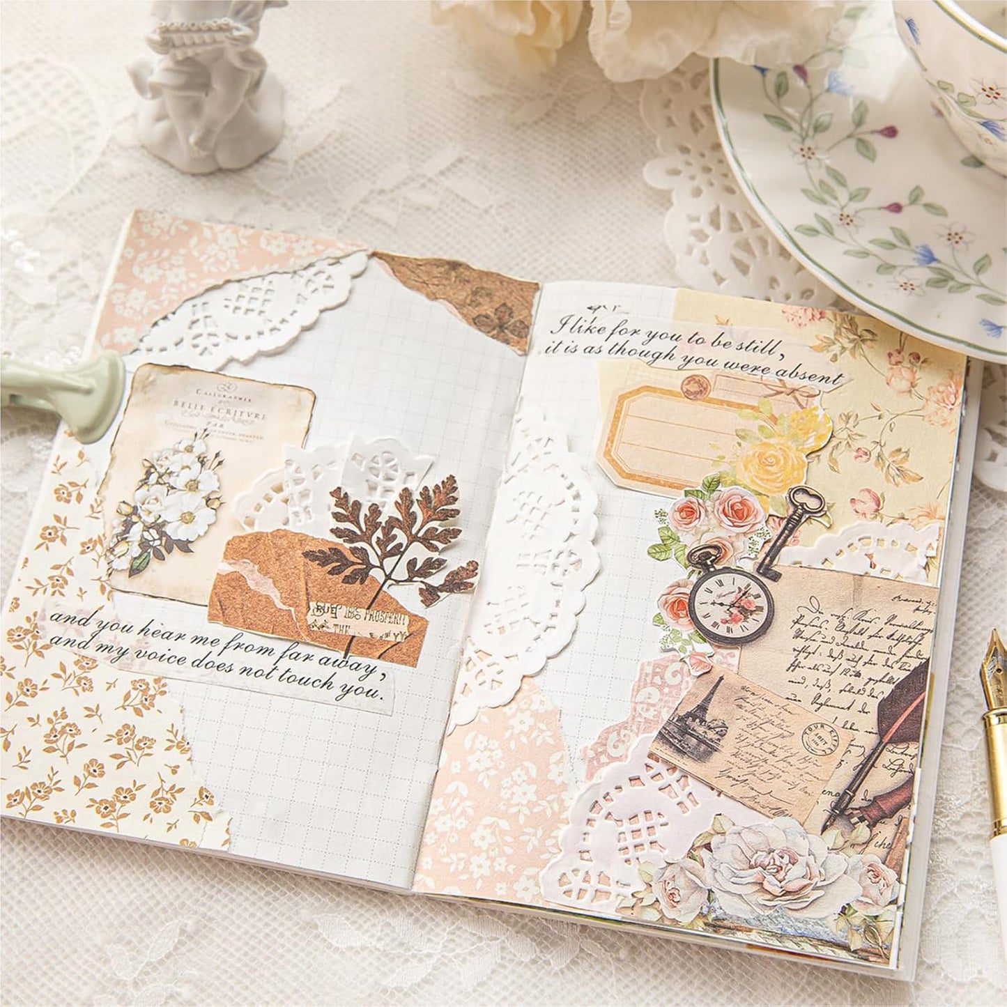 Doraking 100pcs Vintage Floral Scrapbook Paper Journaling Stickers Assorted Set, Material Paper Memo Junk Journal Supplies for Bullet Journaling Retro Crafts Planner Collage Card Album
