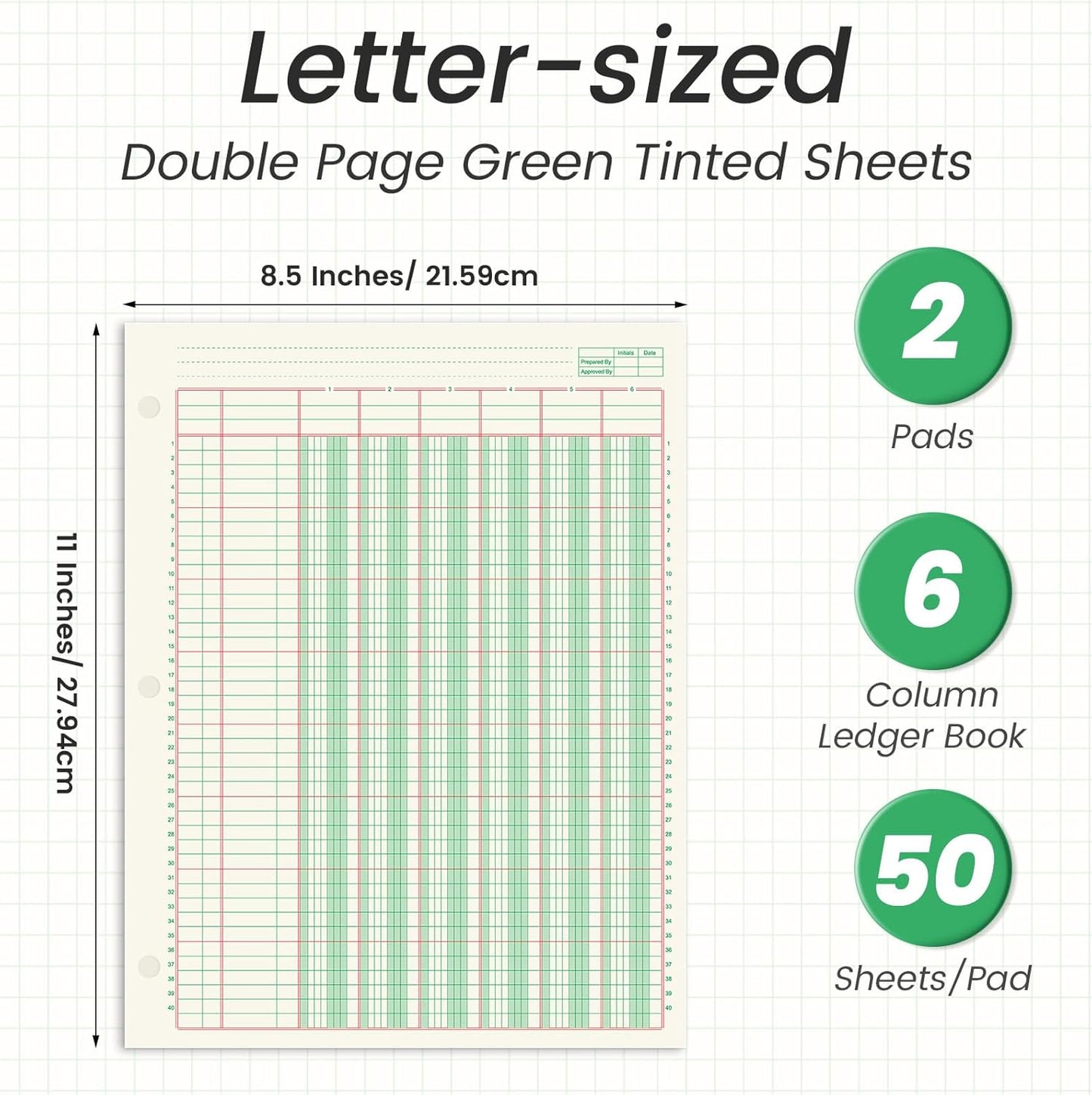 gisgfim 2 Pads 100 Sheets Columnar Analysis Pad 3 Hole Punch Accounting Ledger Book 8-1/2 x 11 Ledger Paper Pad Double Page Format Columnar Pads for Business Bookkeeping & Data(6 Column Ledger)