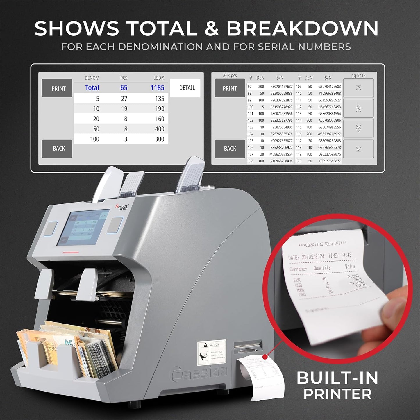 Cassida 9900R V2 2-Pocket Premium Bank Grade Money Counter Machine Mixed Denomination, Bill Sorter, Value Counting, Printer Enabled, 2 CIS, UV/MG, IR/IT Counterfeit Detection with Built-in Printer