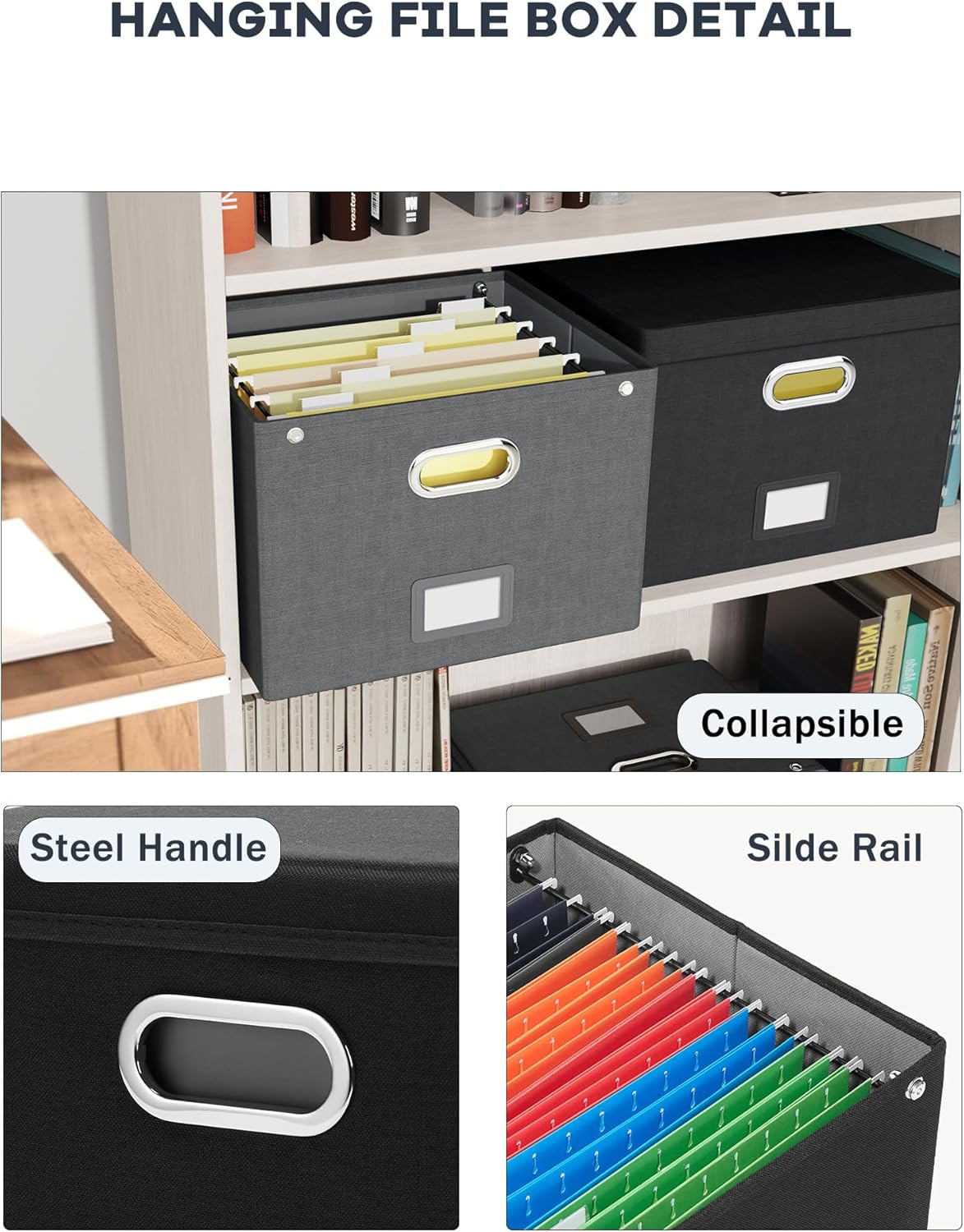 2 Pack File Organizer Box with Lid, Large Hanging Filing Box with Mesh Pocket, Document Organizer for Letter Files, Portable Storage Case for Office&Home (Black)