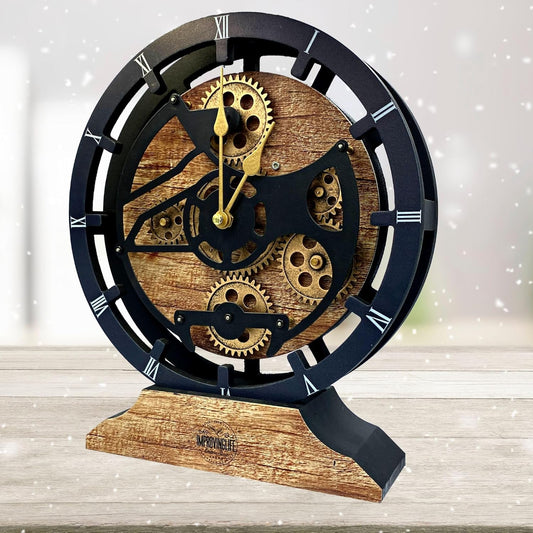 The Gears Clock Desk Clock 10 inches with Real Moving Gears Convertible into Wall Clock (Vintage Brown)