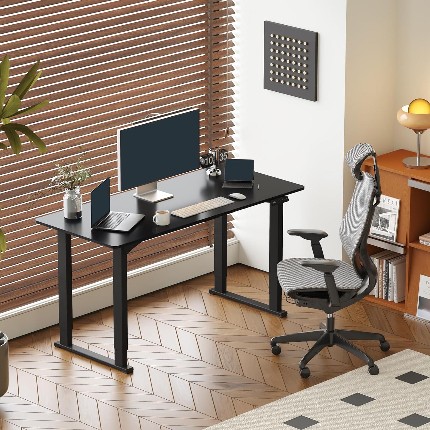 SANODESK 4-Leg Standing Desk, Electric Height Adjustable Desk with Memory Presets for Home Office, Stand up Desk Computer Workstation, 63x28 Inches Black