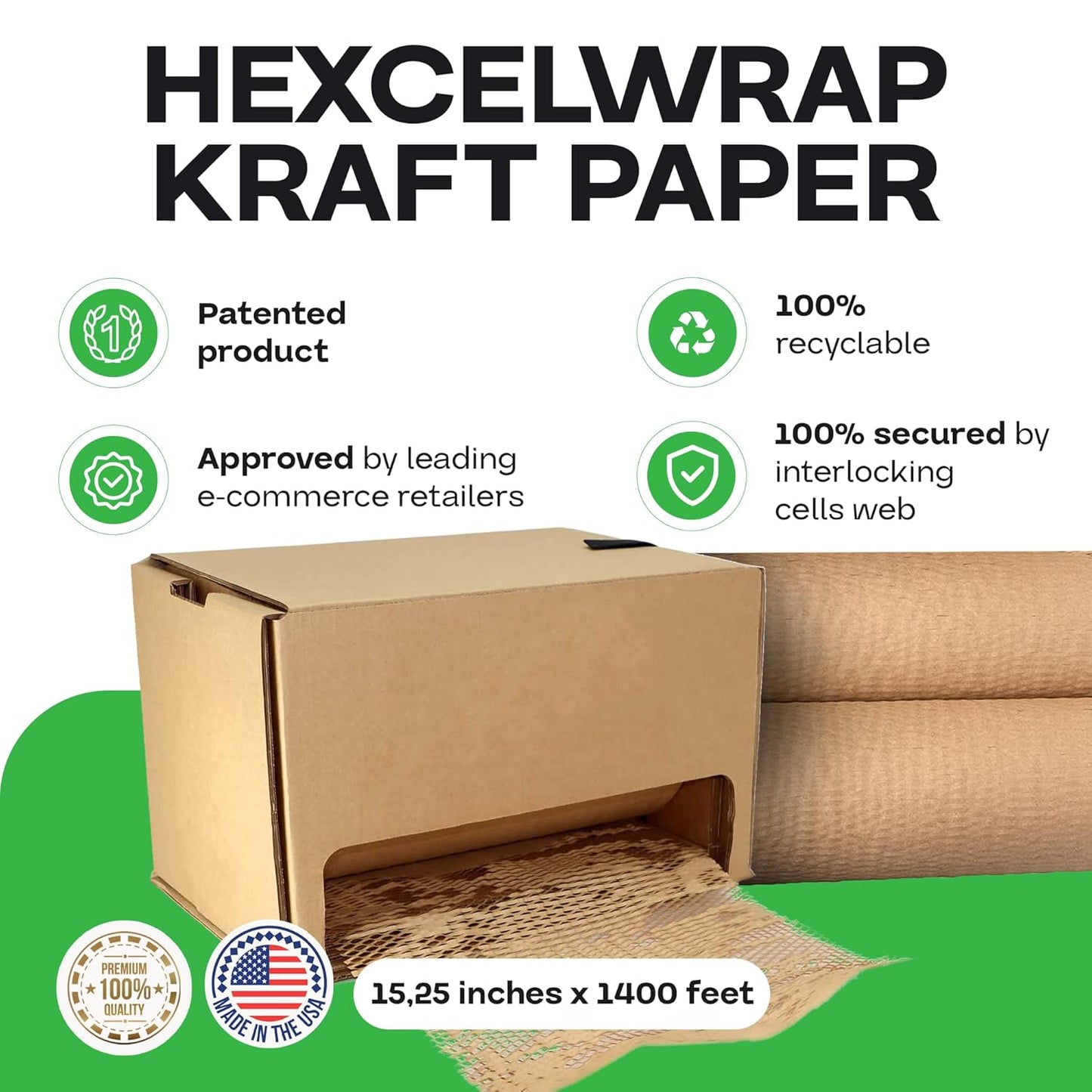 IDL Packaging Original HexcelWrap Honeycomb Packing Kraft Paper 15.25" x 1400' Roll in Self-Dispensed Box, Brown - The First Patented Interlocking Slit Paper Design for Shipping