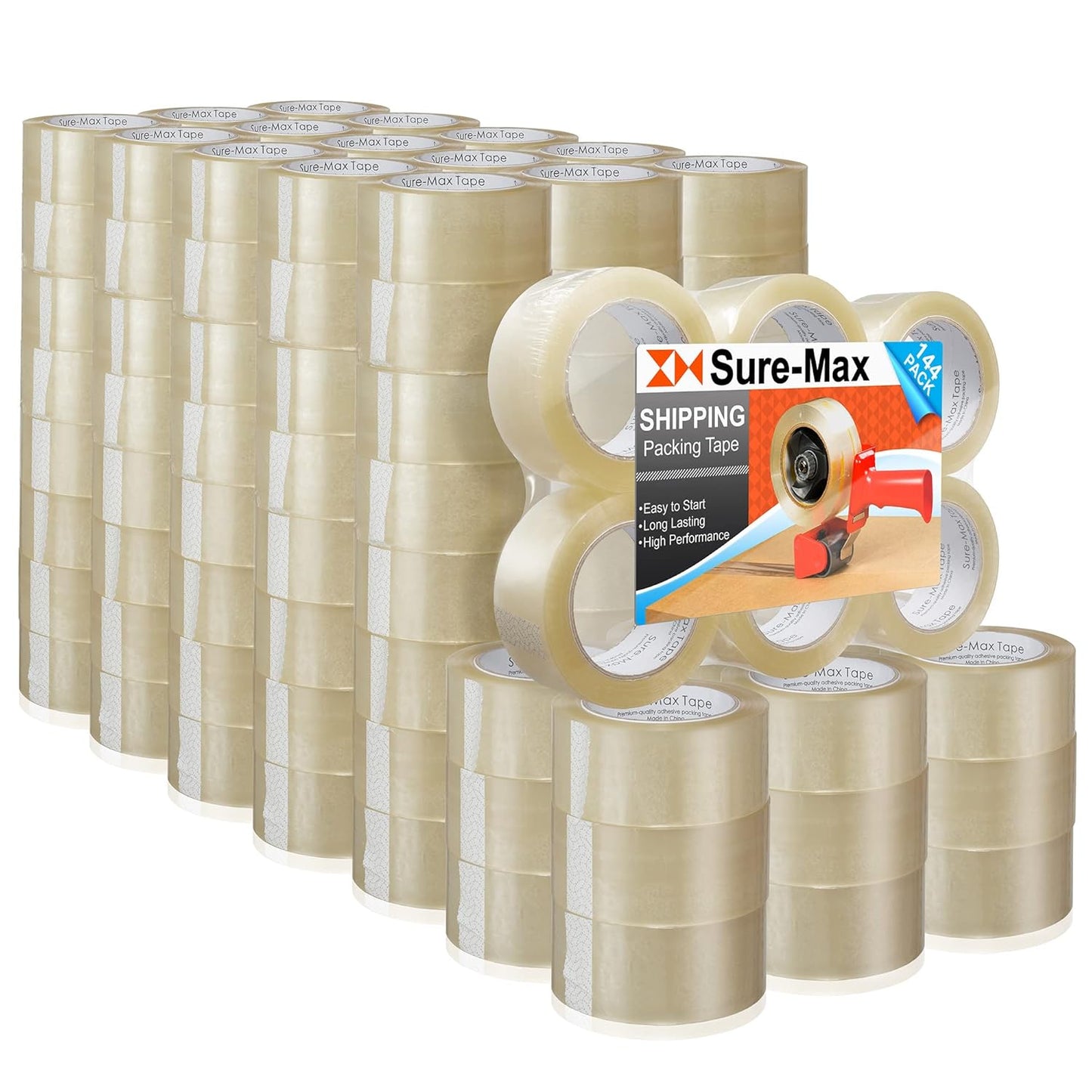 Sure-Max Premium Carton Packing Tape 1.8 mil 330 Feet (110 Yards) - Clear - 4 Cases (144 Rolls Total)