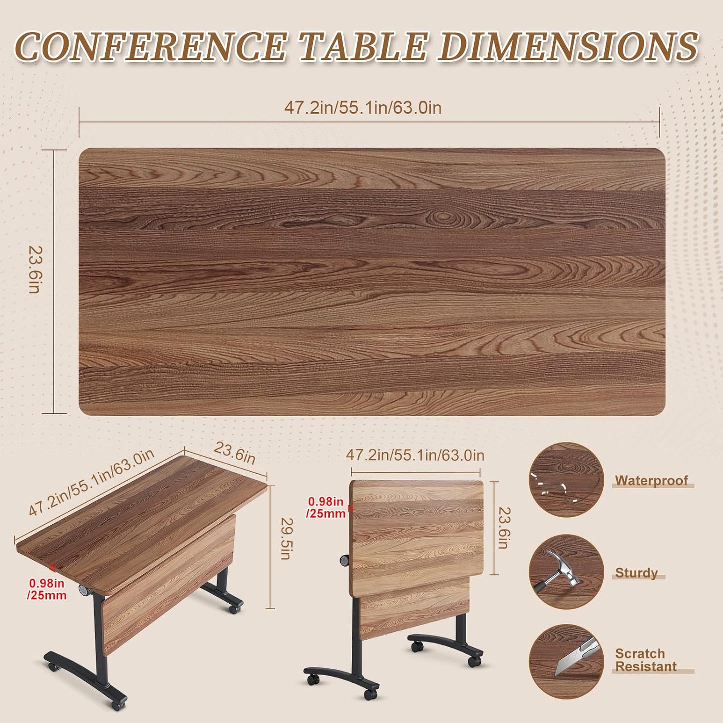 Folding Conference Room Table, Modern Conference Tables with Silent Wheels, Large Rectangular Mobile Training Tables for Office Classroom, Foldable Modular Boardroom Seminar Table (6pack L63in)