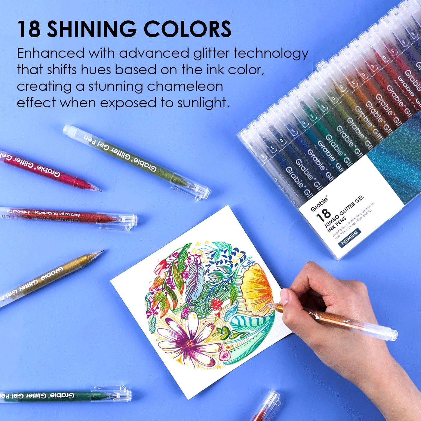 Jumbo Glitter Gel Ink Pen Set Of 18, Metallic Vibrant Sparkle Gel Pens for Coloring, Sparkle Markers, Glitter Pens for Adults (18 Colors Jumbo Gel Pens)