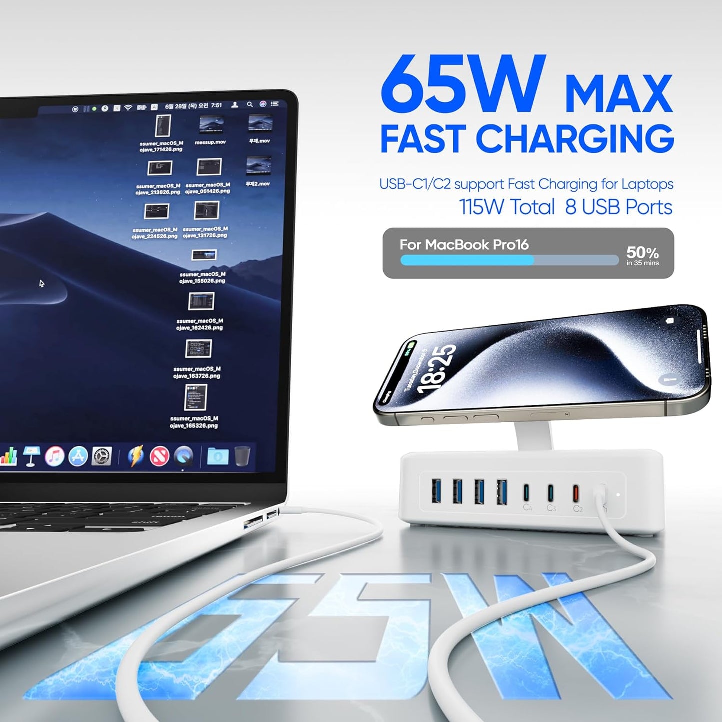 115W USB Charging Station Power Strip, 11-in-1 USB C Charger Block, 2AC Outlets with 8USB Ports(4USB-C), 5FT Flat Plug Extension Cord, Fast Charging Desktop Charger for Home Office Dorm Room, White