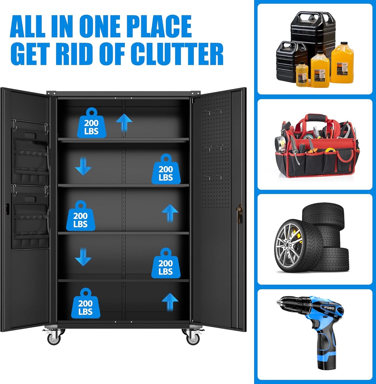 Aobabo Upgraded Wide & Deep Garage Storage Cabinet with Wheels, Metal Storage Cabinet with Door Pegboards and 2 Rod for Garage Home Storage (Black, 43.3''W x 21.9''D x 72''H),Required Assembly